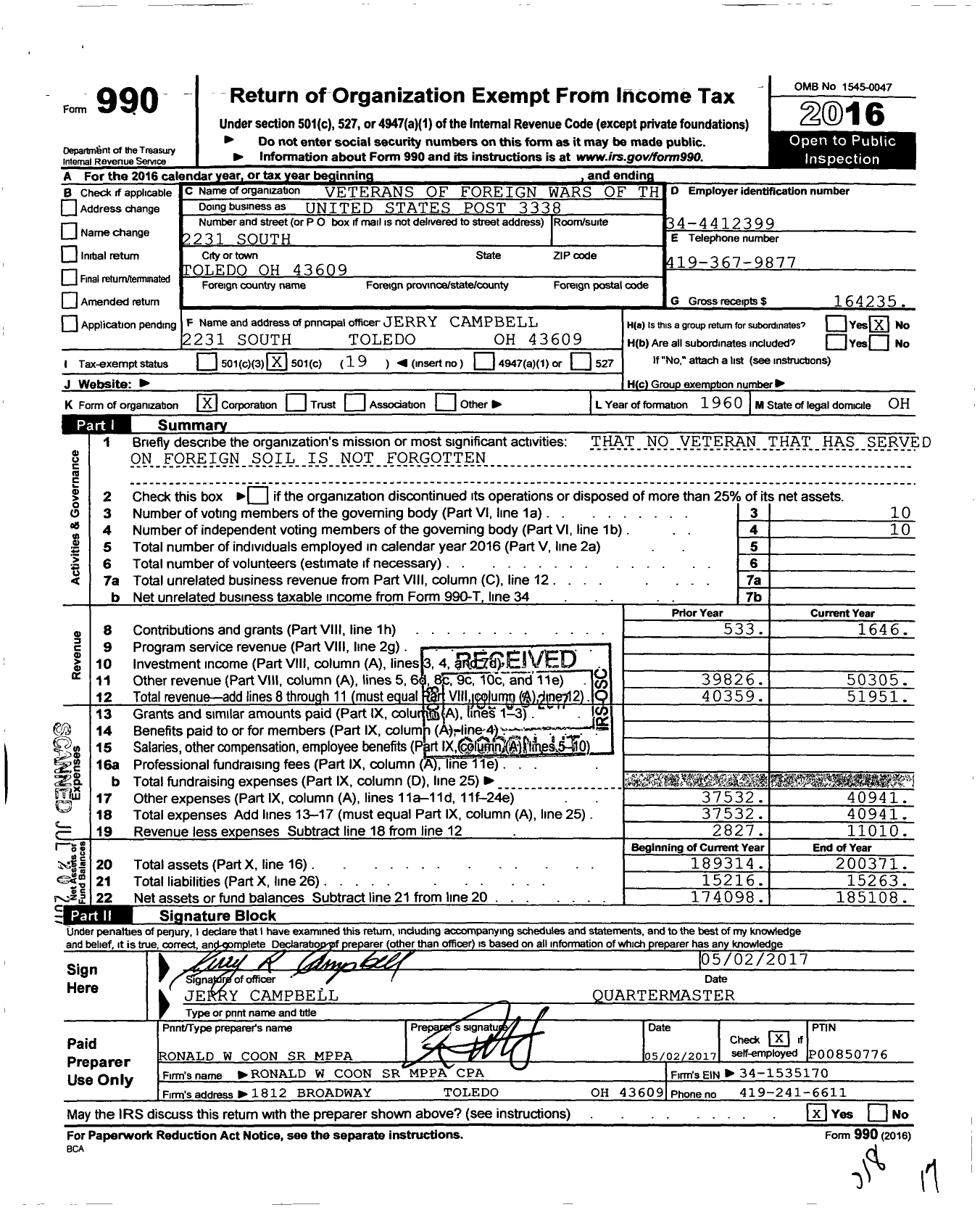 Image of first page of 2016 Form 990O for Ohio VFW - Post 3338