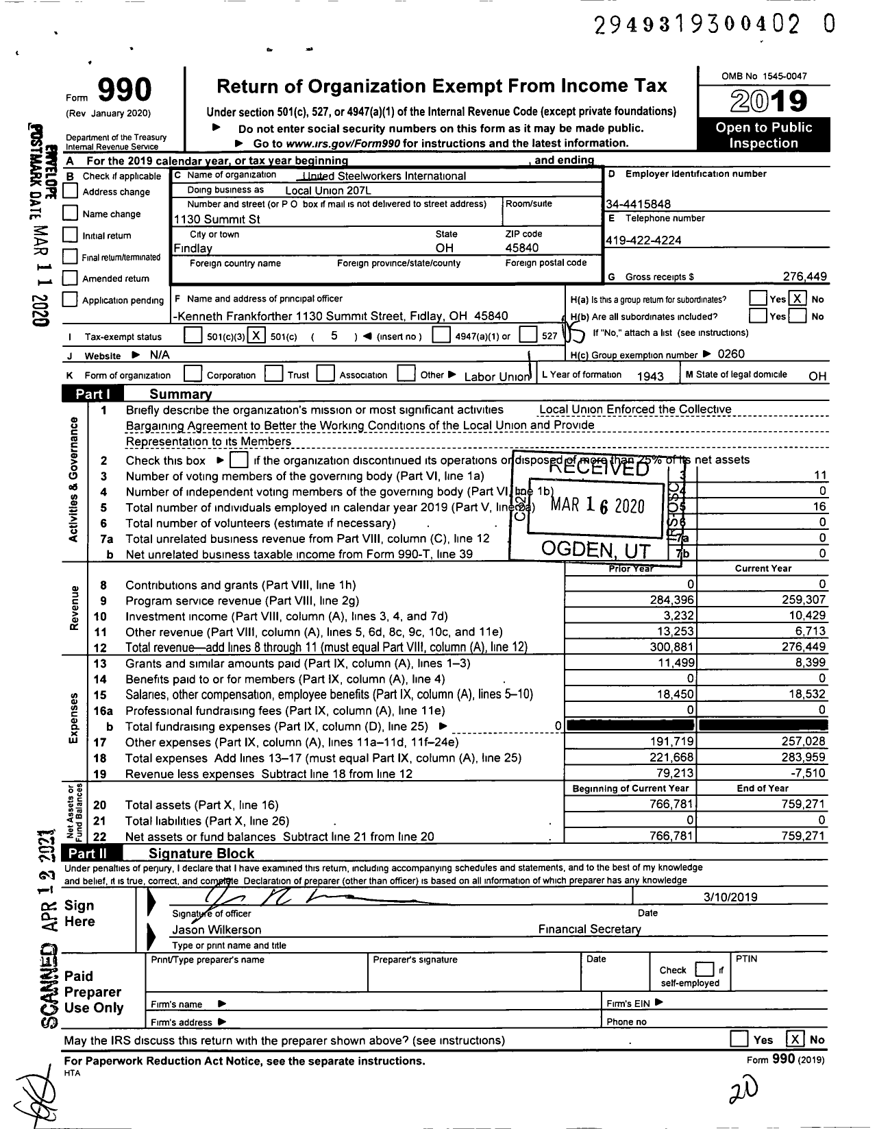 Image of first page of 2019 Form 990O for United Steelworkers - Local Union 00207L