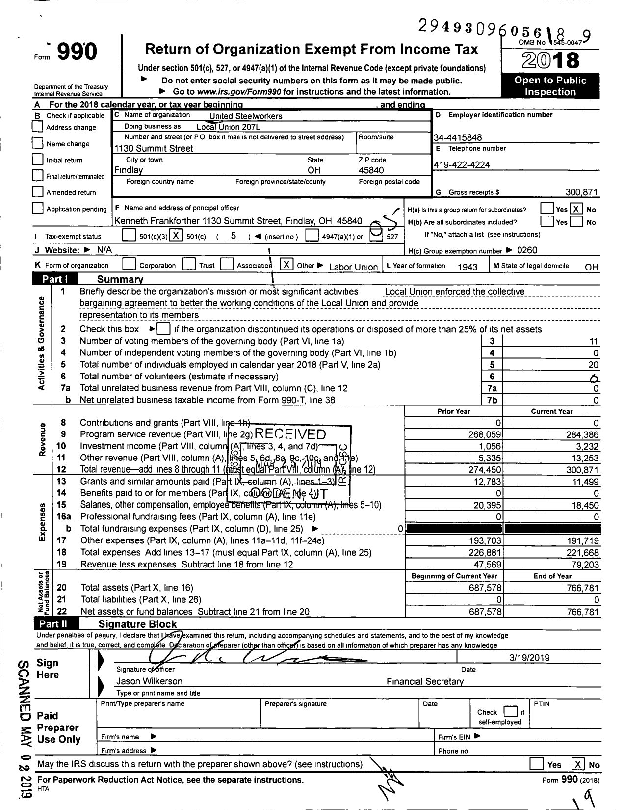 Image of first page of 2018 Form 990O for United Steelworkers - Local Union 00207L