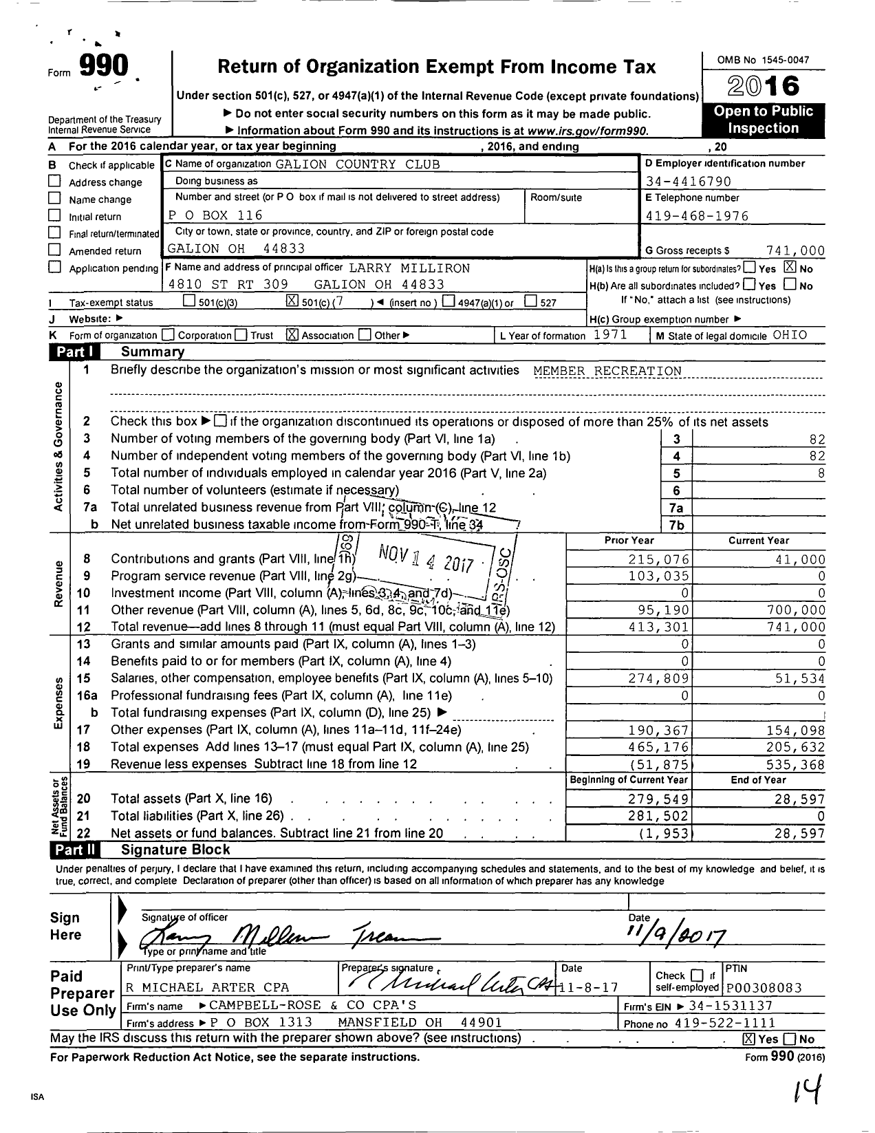 Image of first page of 2016 Form 990O for Galion Country Club