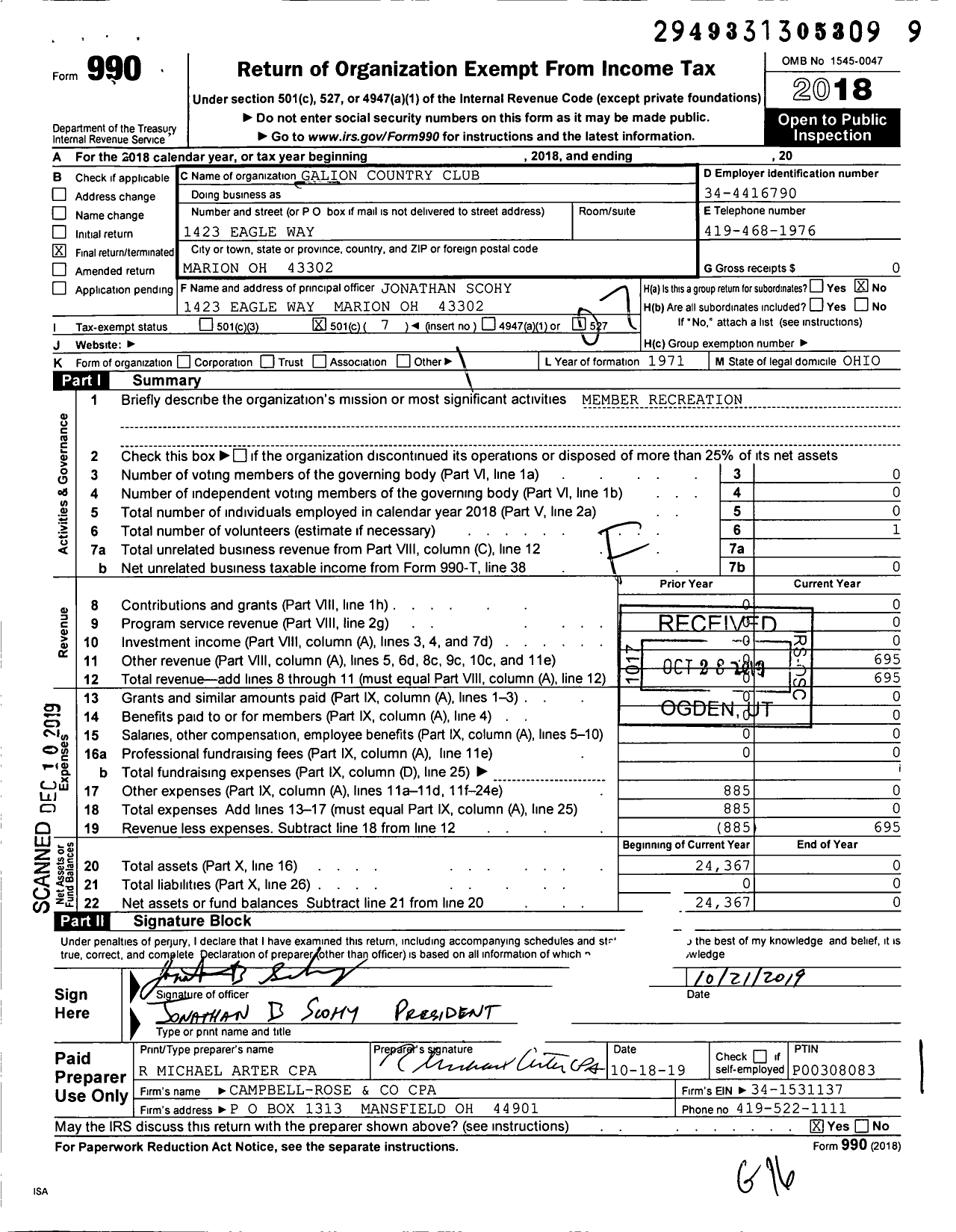 Image of first page of 2018 Form 990O for Galion Country Club