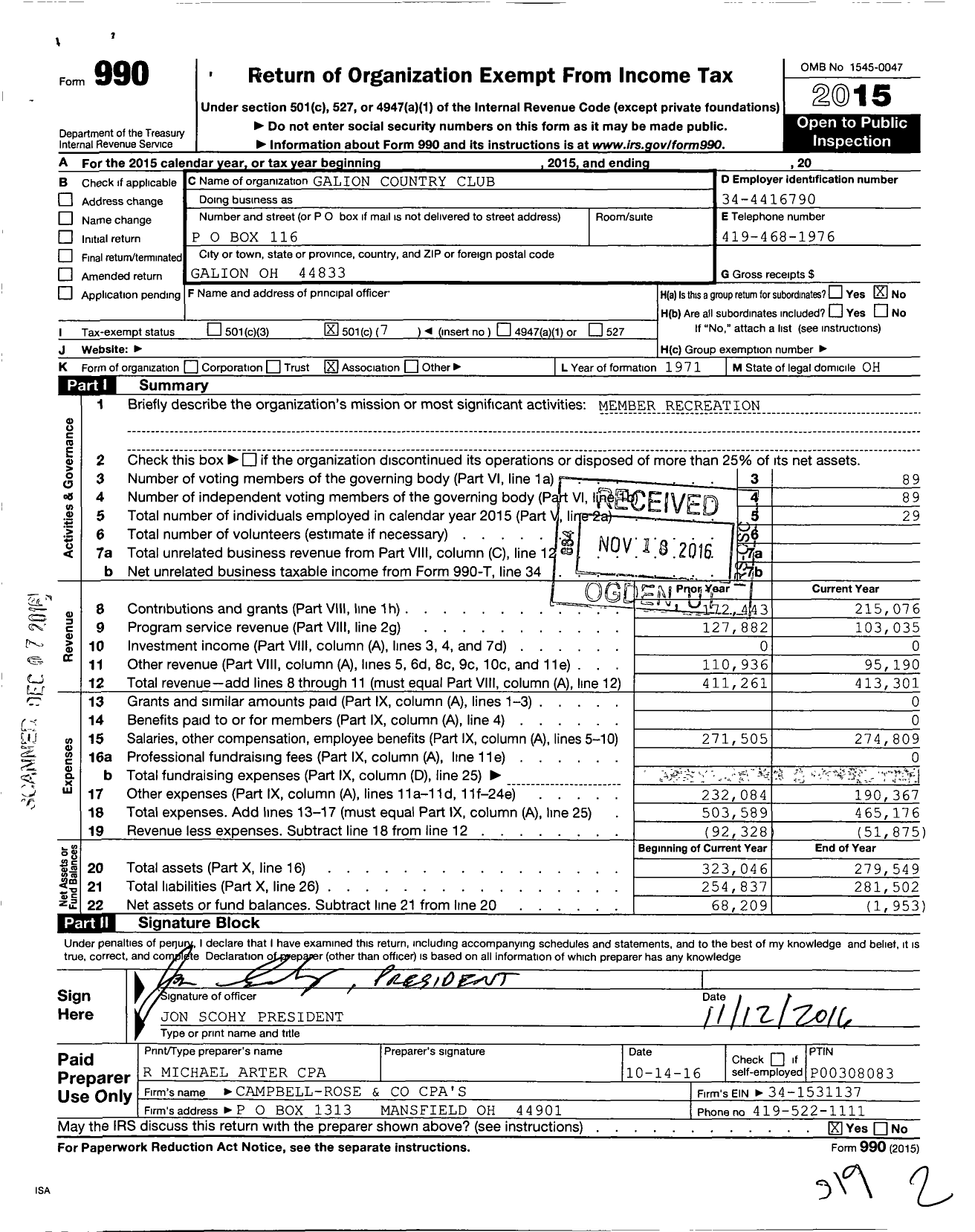 Image of first page of 2015 Form 990O for Galion Country Club