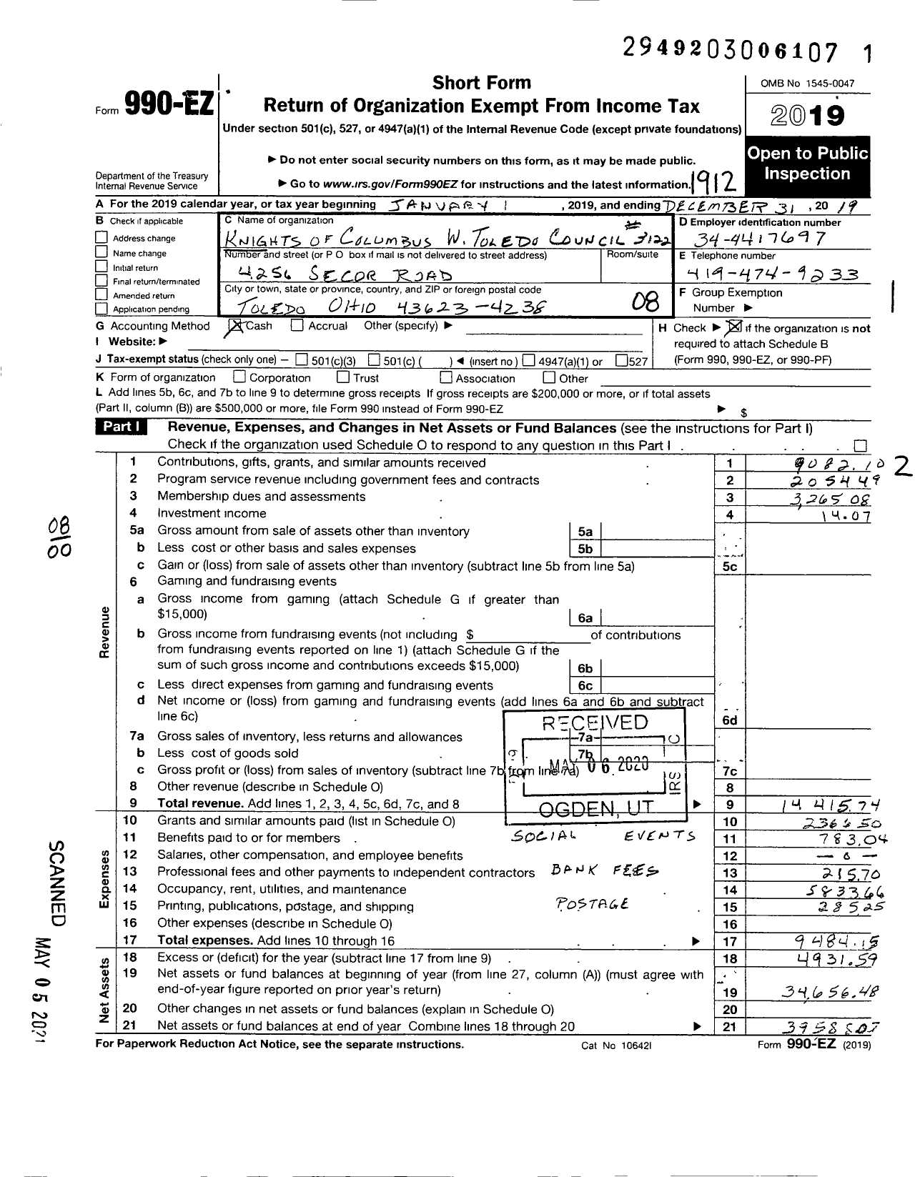 Image of first page of 2019 Form 990EO for KNIGHTS OF COLUMBUS - 3122 West Toledo Council