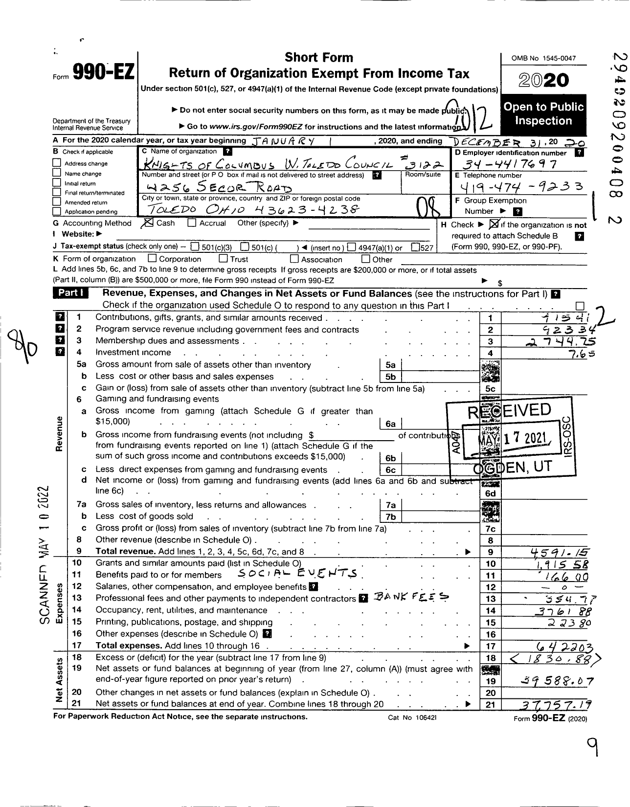 Image of first page of 2020 Form 990EO for KNIGHTS OF COLUMBUS - 3122 West Toledo Council