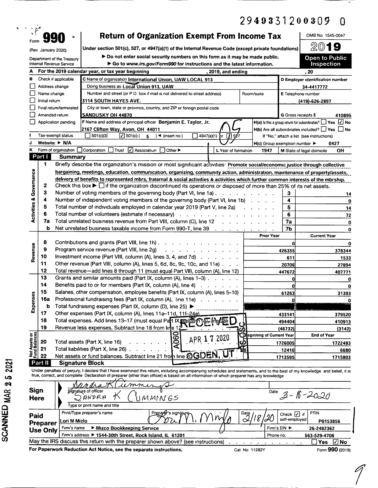 Image of first page of 2019 Form 990O for UAW - Local Union 913 UAW