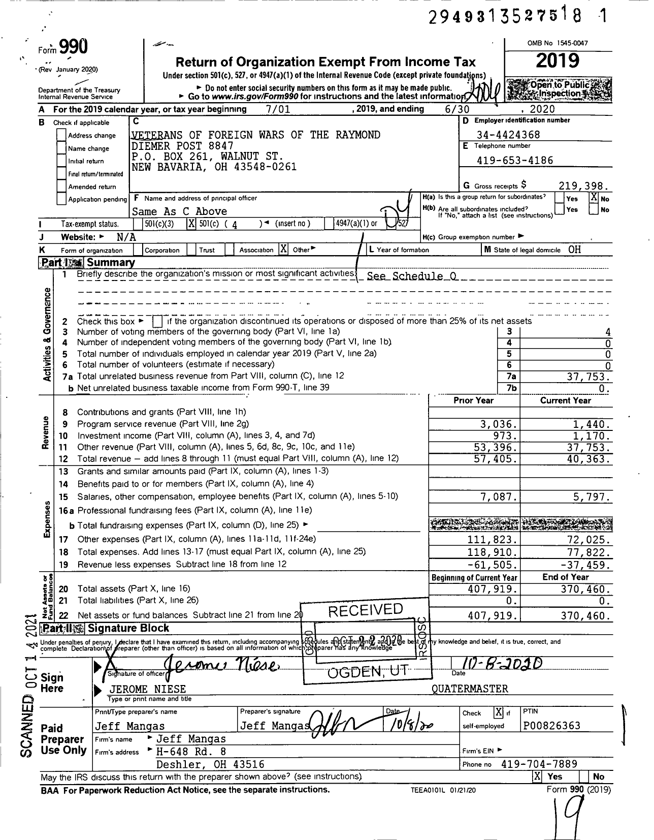 Image of first page of 2019 Form 990O for Ohio VFW - 8847 Raymond Diemer Post