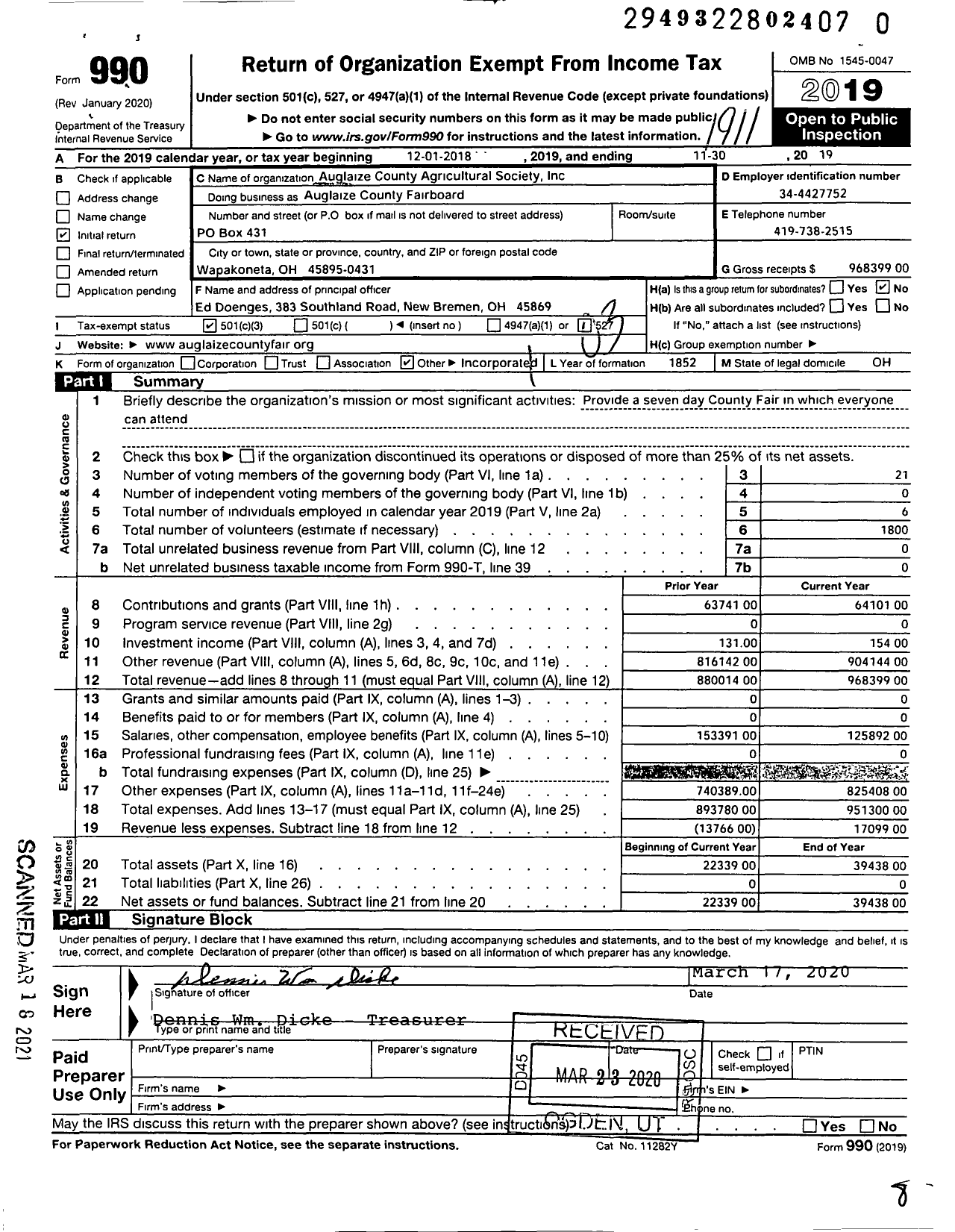 Image of first page of 2018 Form 990 for Auglaize County Fairboard