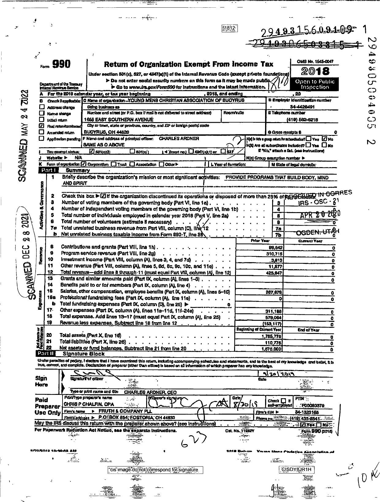 Image of first page of 2018 Form 990 for Young Mens Christian Association of Bucyrus