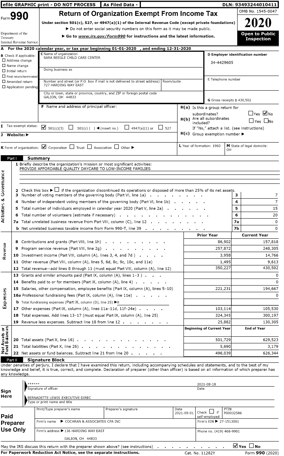 Image of first page of 2020 Form 990 for The Sara Beegle Child Day Care Center