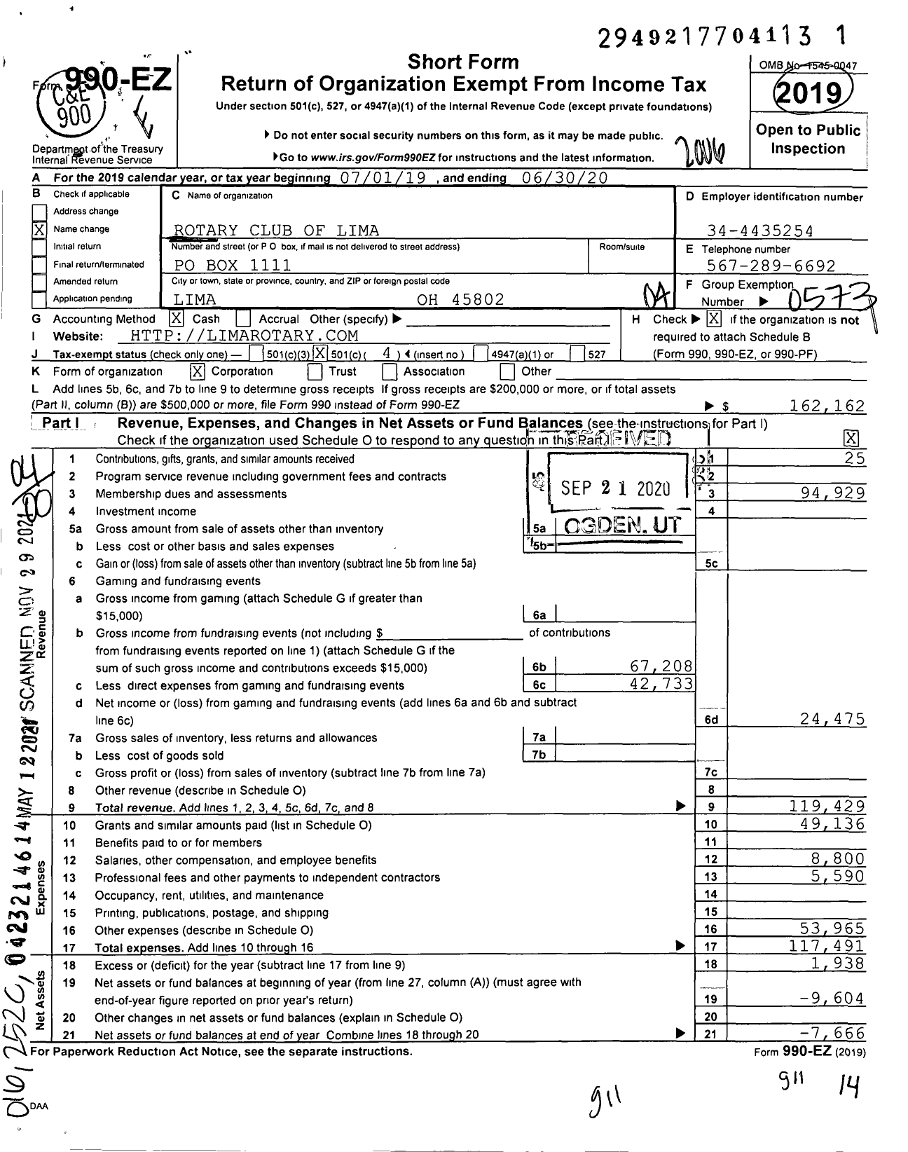 Image of first page of 2019 Form 990EO for Rotary International - Rotary Club of Lima