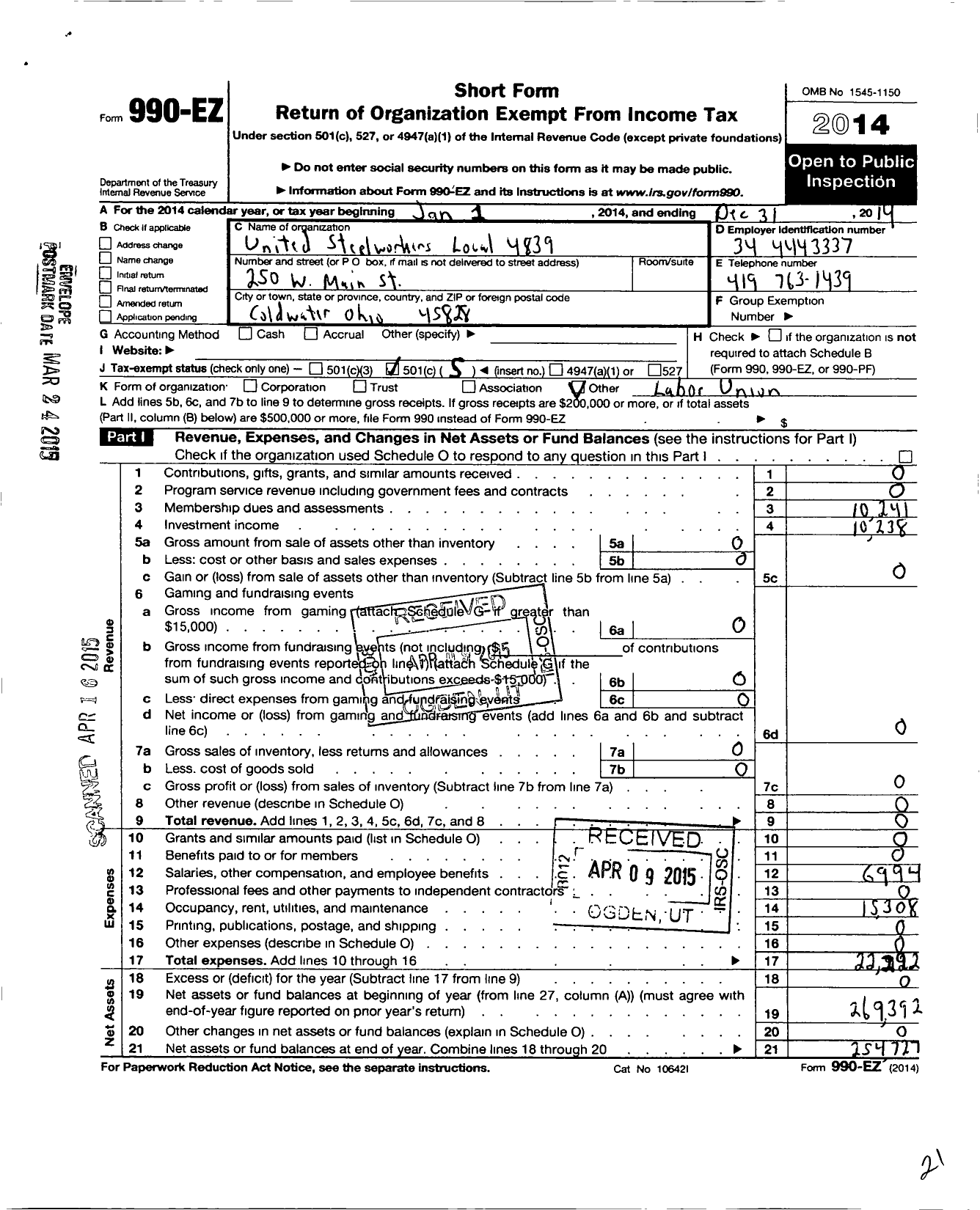 Image of first page of 2014 Form 990EO for United Steelworkers - 04839 Local