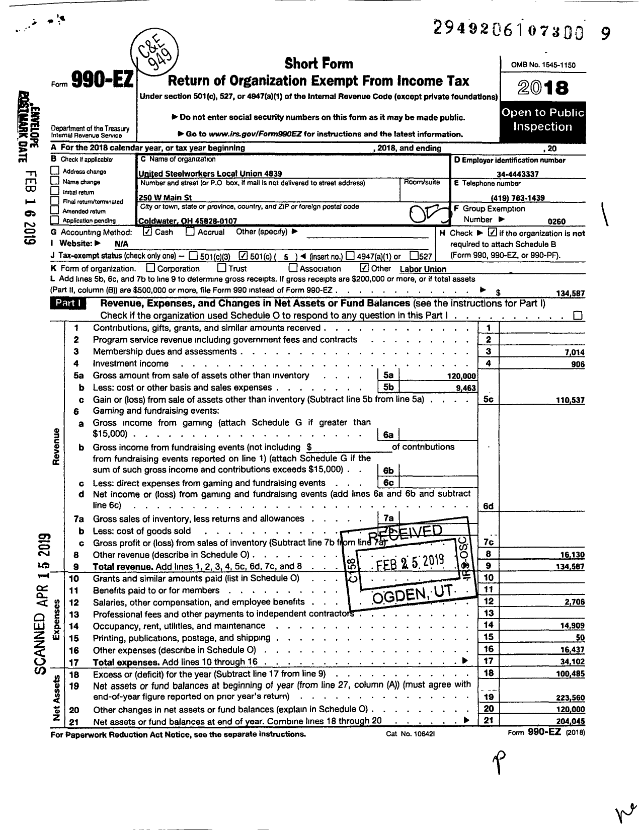 Image of first page of 2018 Form 990EO for United Steelworkers - 04839 Local