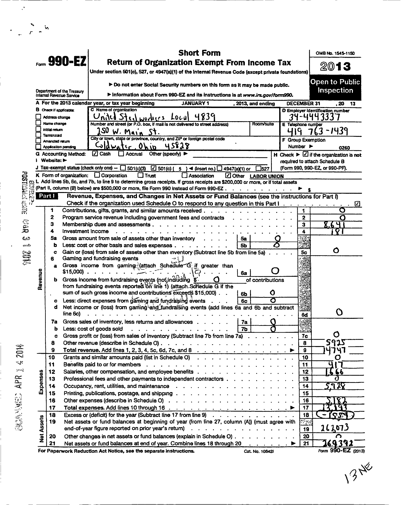 Image of first page of 2013 Form 990EO for United Steelworkers - 04839 Local