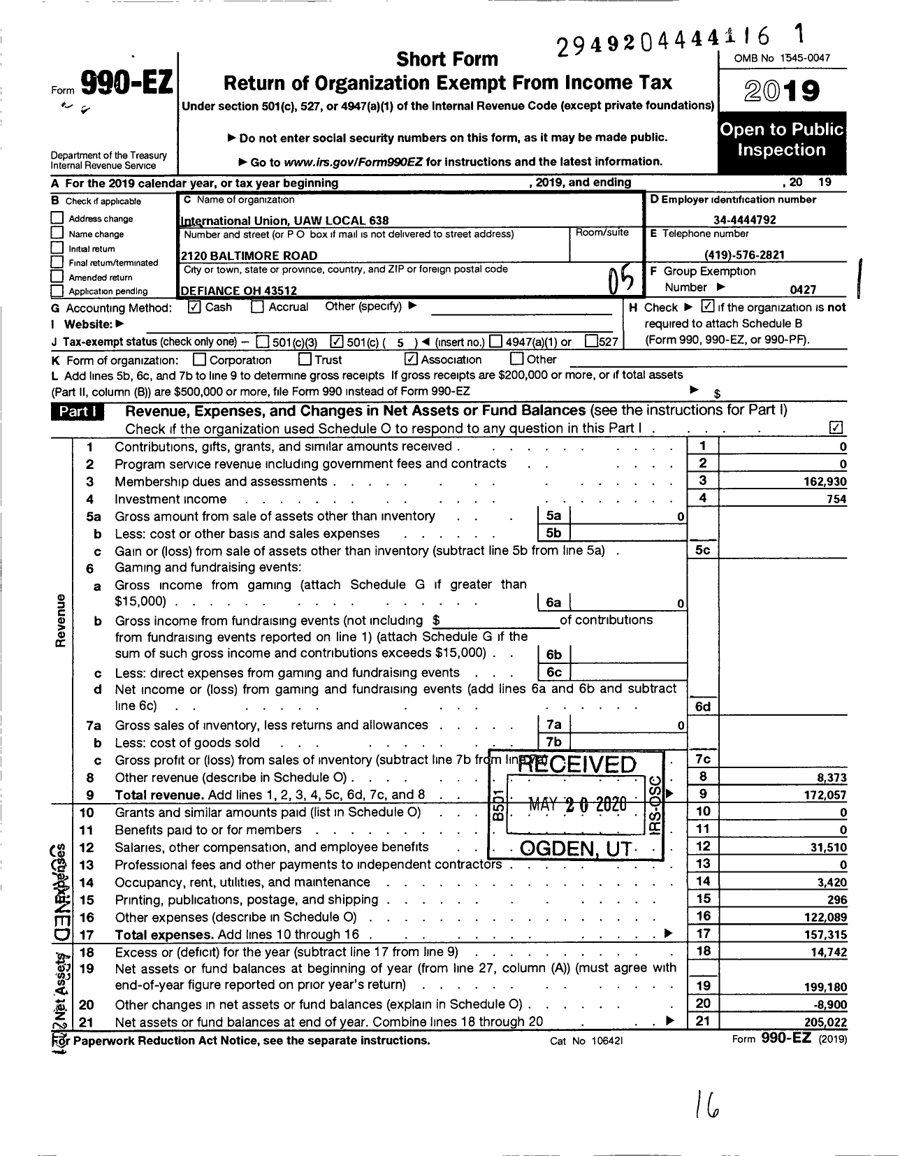 Image of first page of 2019 Form 990EO for UAW - International Union UAW LOCAL 638