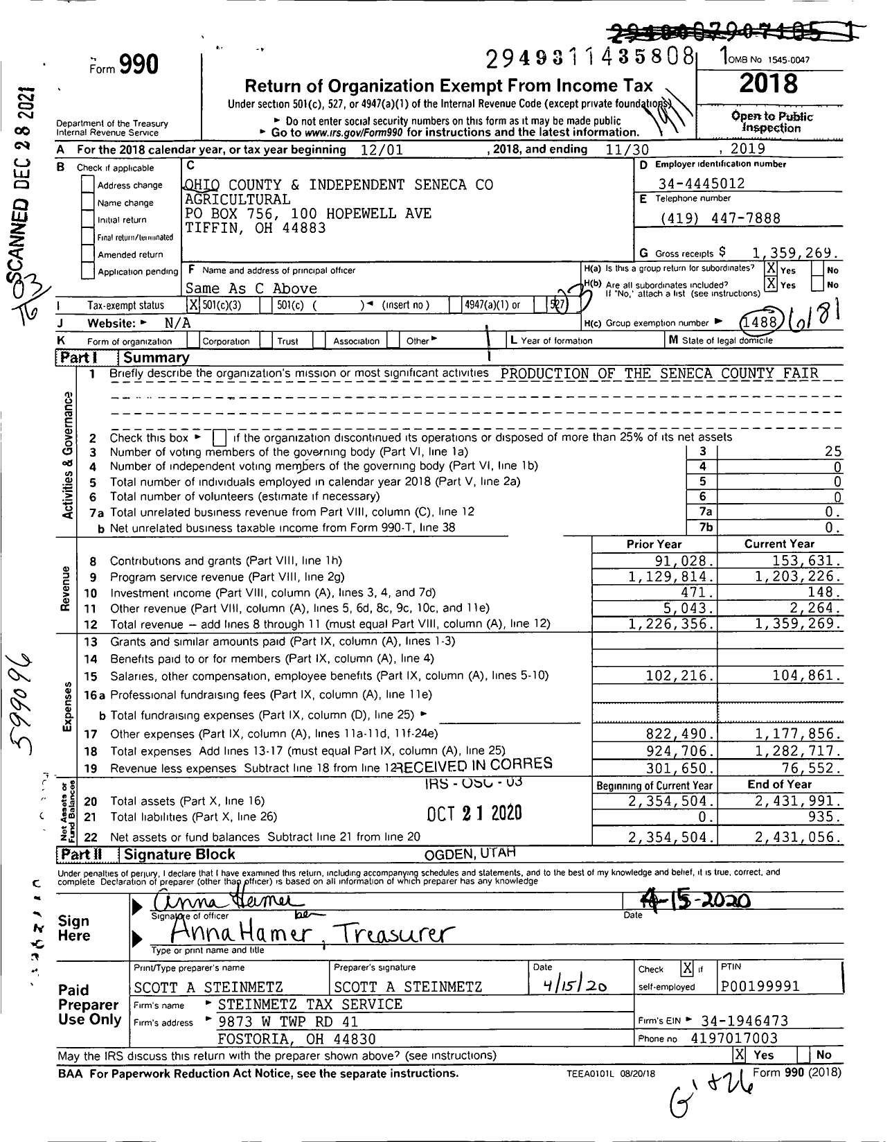 Image of first page of 2018 Form 990 for Ohio County & Independent Agricultural Societies - Seneca County