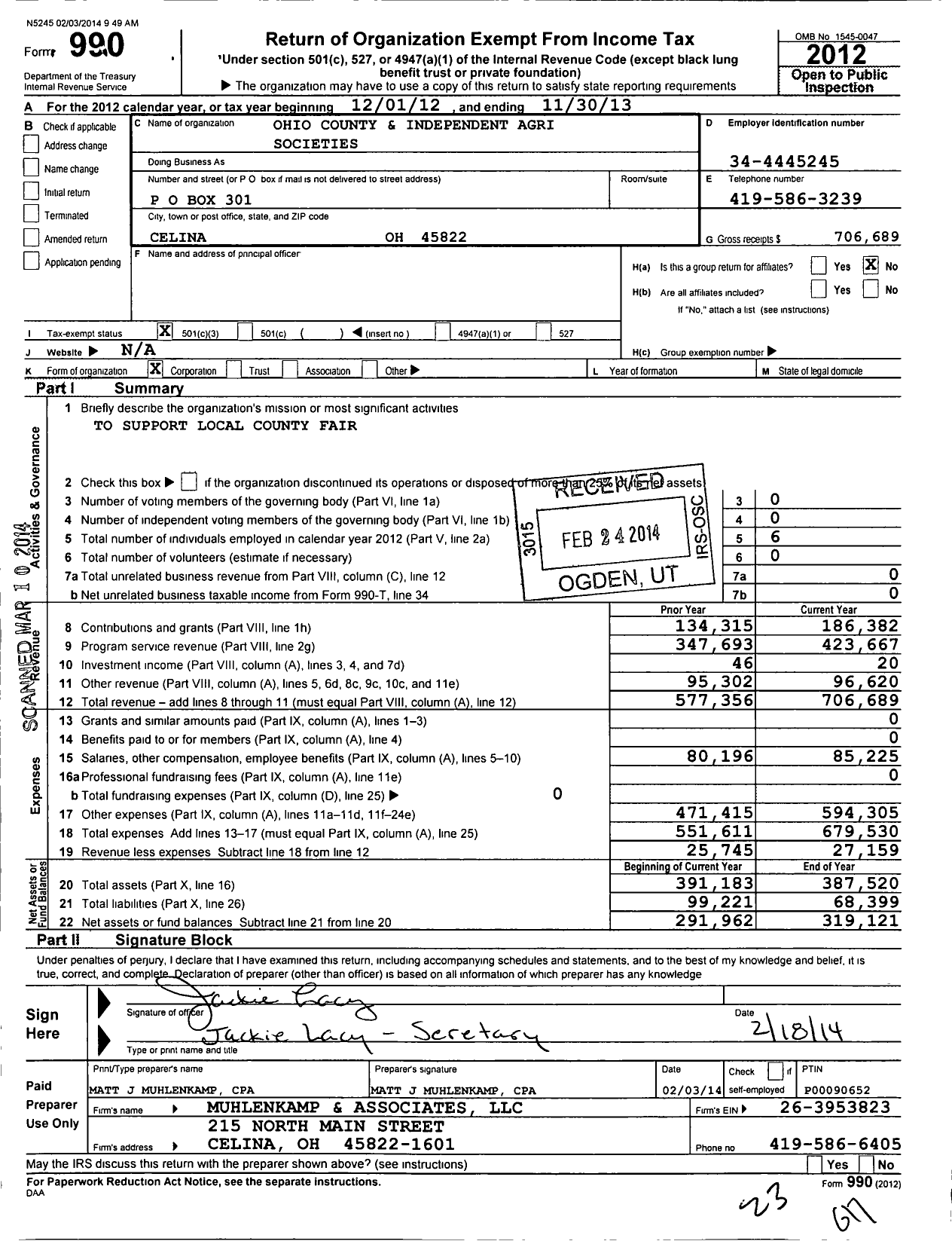 Image of first page of 2012 Form 990 for Ohio County & Independent Agricultural Societies - Mercer County
