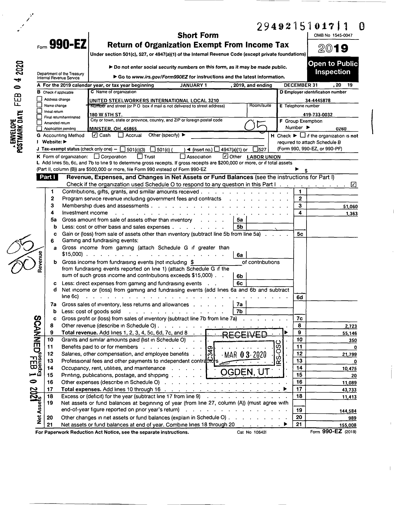 Image of first page of 2019 Form 990EO for United Steelworkers - 03210 Local