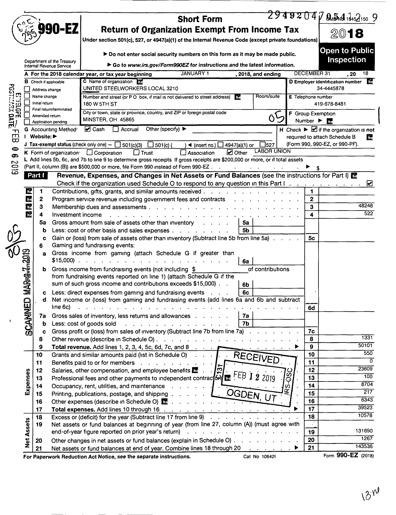 Image of first page of 2018 Form 990EO for United Steelworkers - 03210 Local