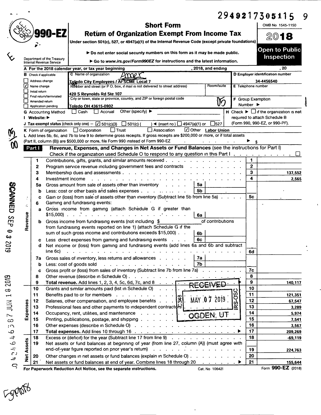 Image of first page of 2018 Form 990EO for American Federation of State County & Municipal Employees - Local 7 Toledo City Employees