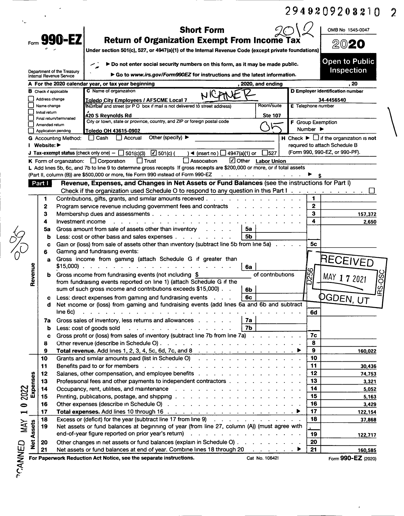 Image of first page of 2020 Form 990EO for American Federation of State County & Municipal Employees - Local 7 Toledo City Employees