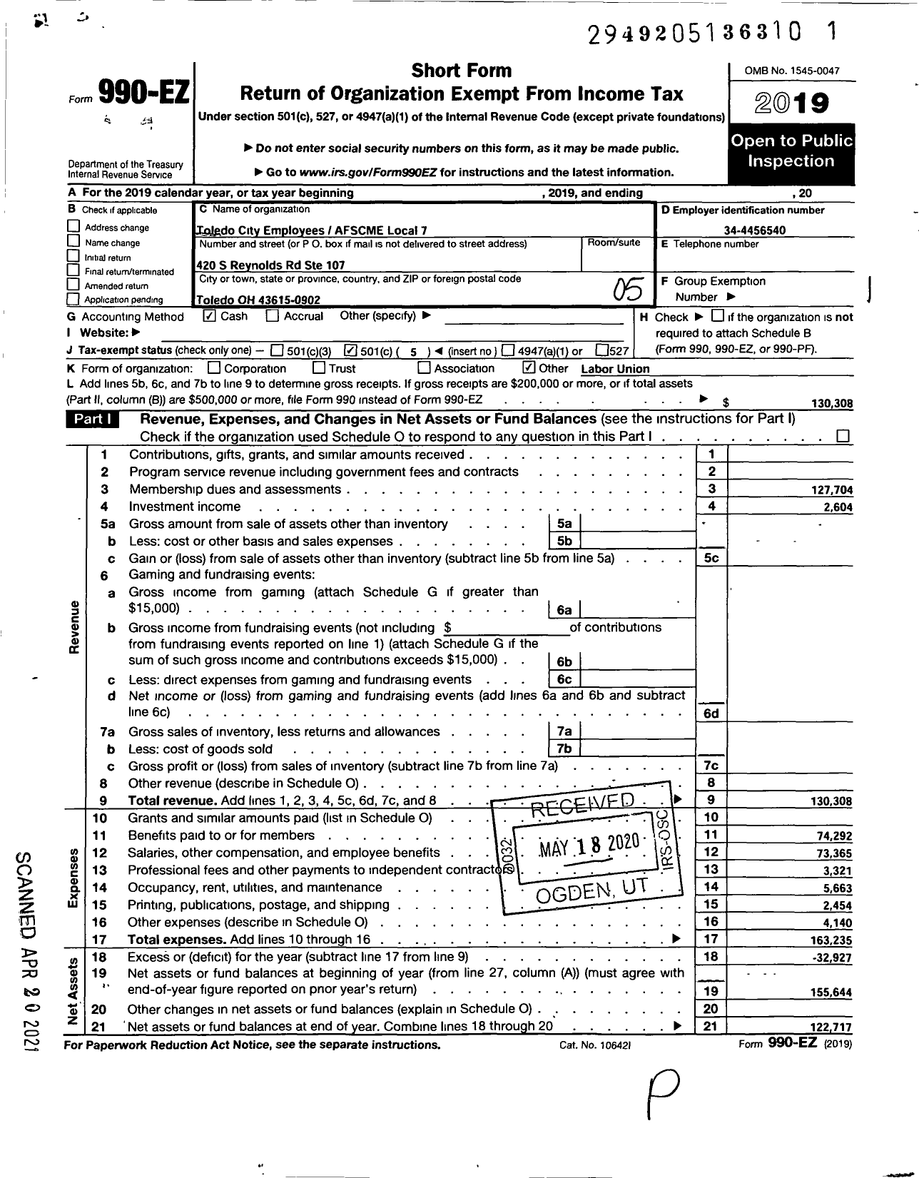 Image of first page of 2019 Form 990EO for American Federation of State County & Municipal Employees - Local 7 Toledo City Employees