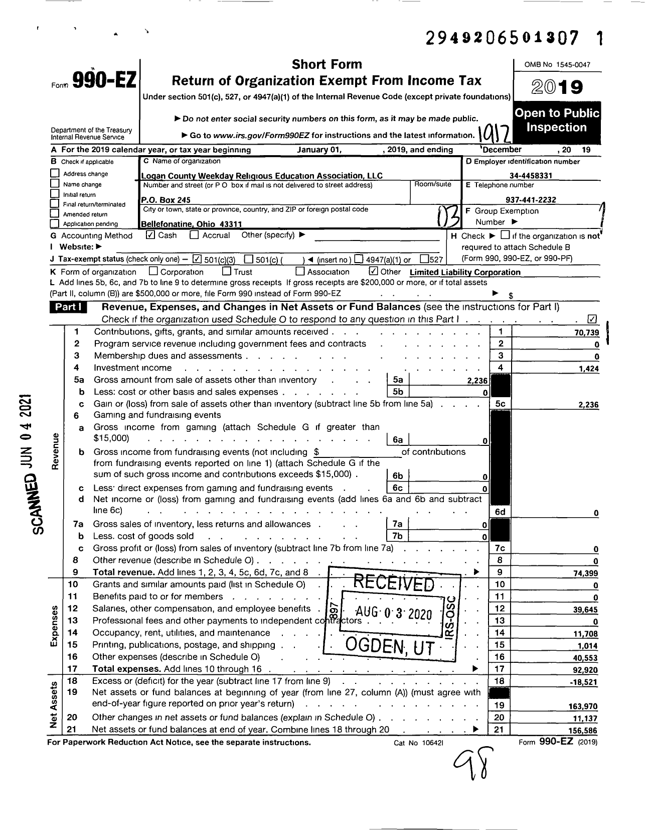 Image of first page of 2019 Form 990EZ for WEEK DAY RELIGIOUS EDUCATION IN Logan County OHIO