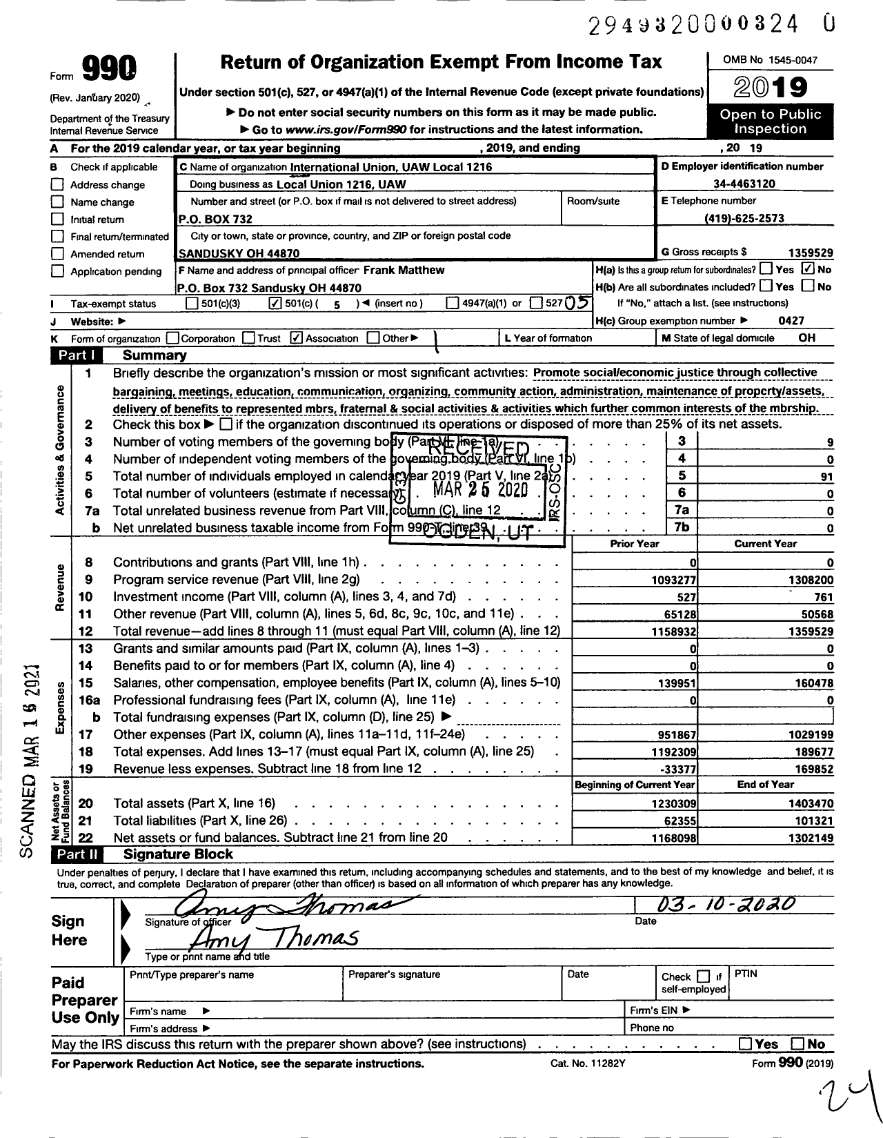 Image of first page of 2019 Form 990O for UAW - International Union UAW Local 1216