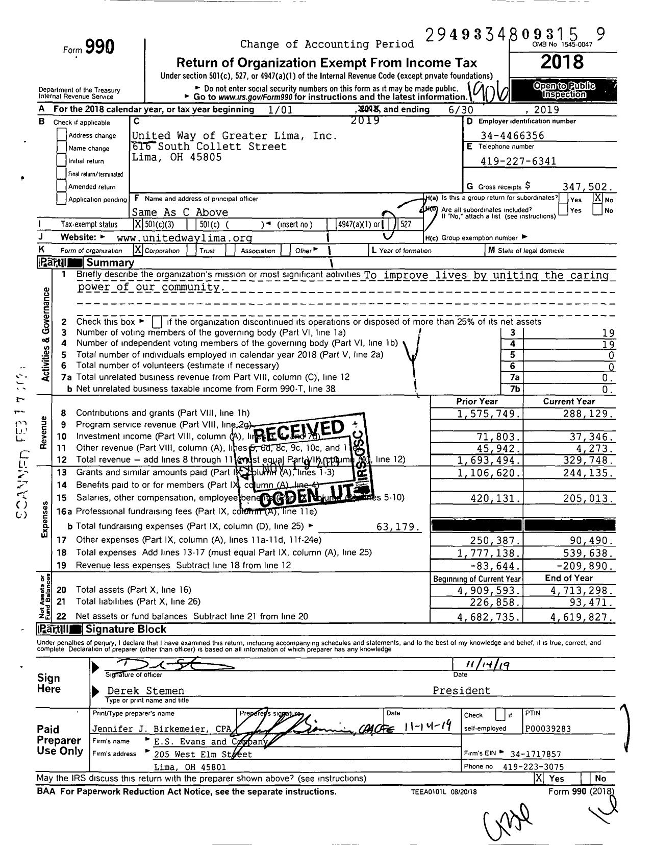 Image of first page of 2018 Form 990 for United Way of Greater Lima