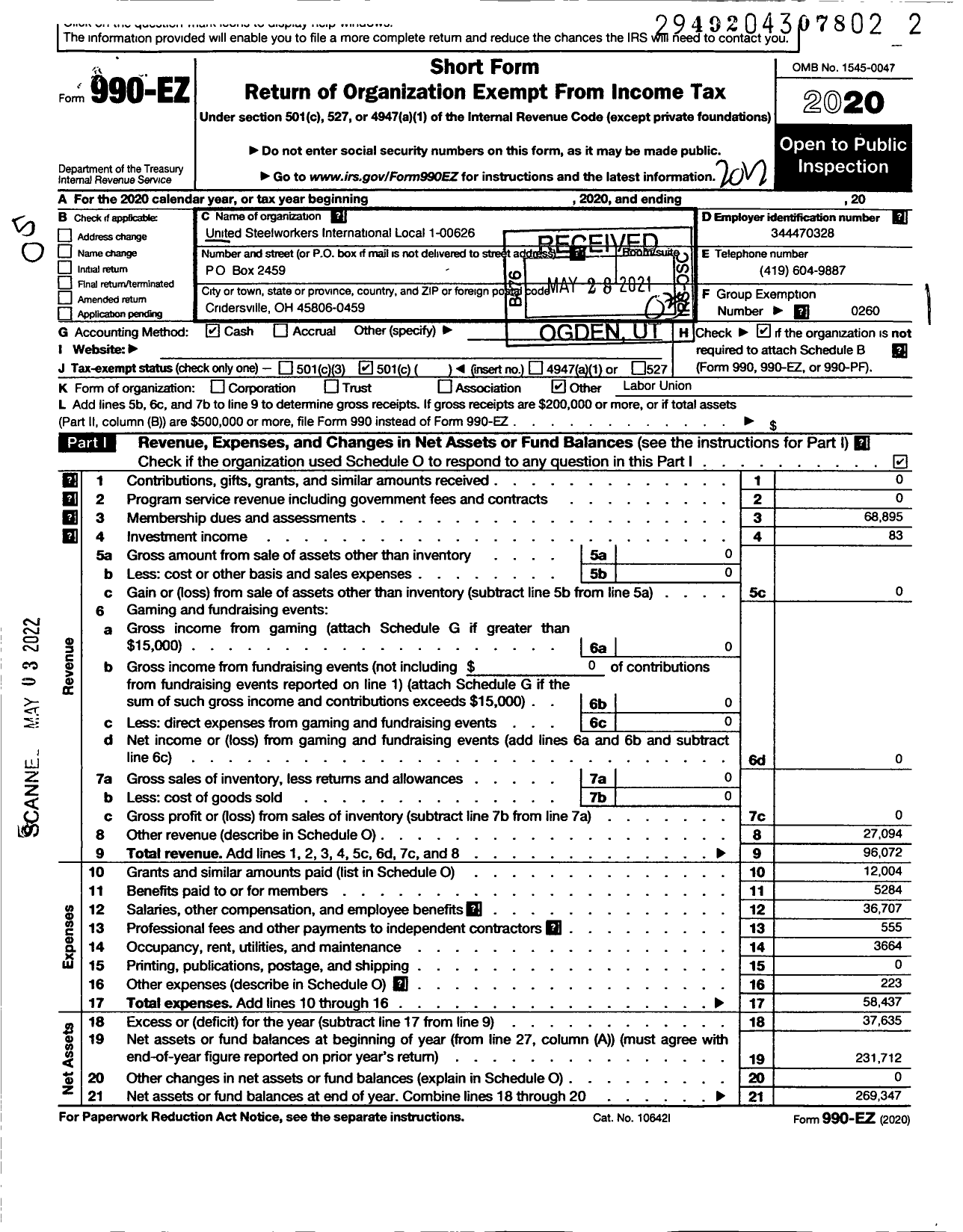 Image of first page of 2020 Form 990EO for United Steelworkers - 1-00626 Local