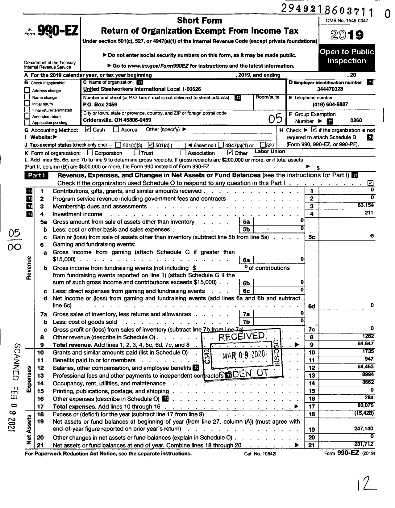 Image of first page of 2019 Form 990EO for United Steelworkers - 1-00626 Local