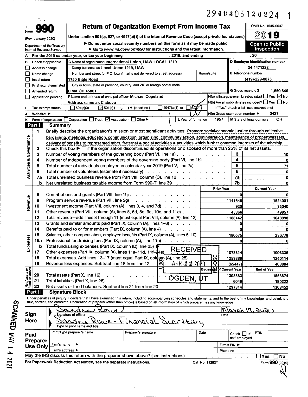 Image of first page of 2019 Form 990O for UAW - Local Union 1219 UAW