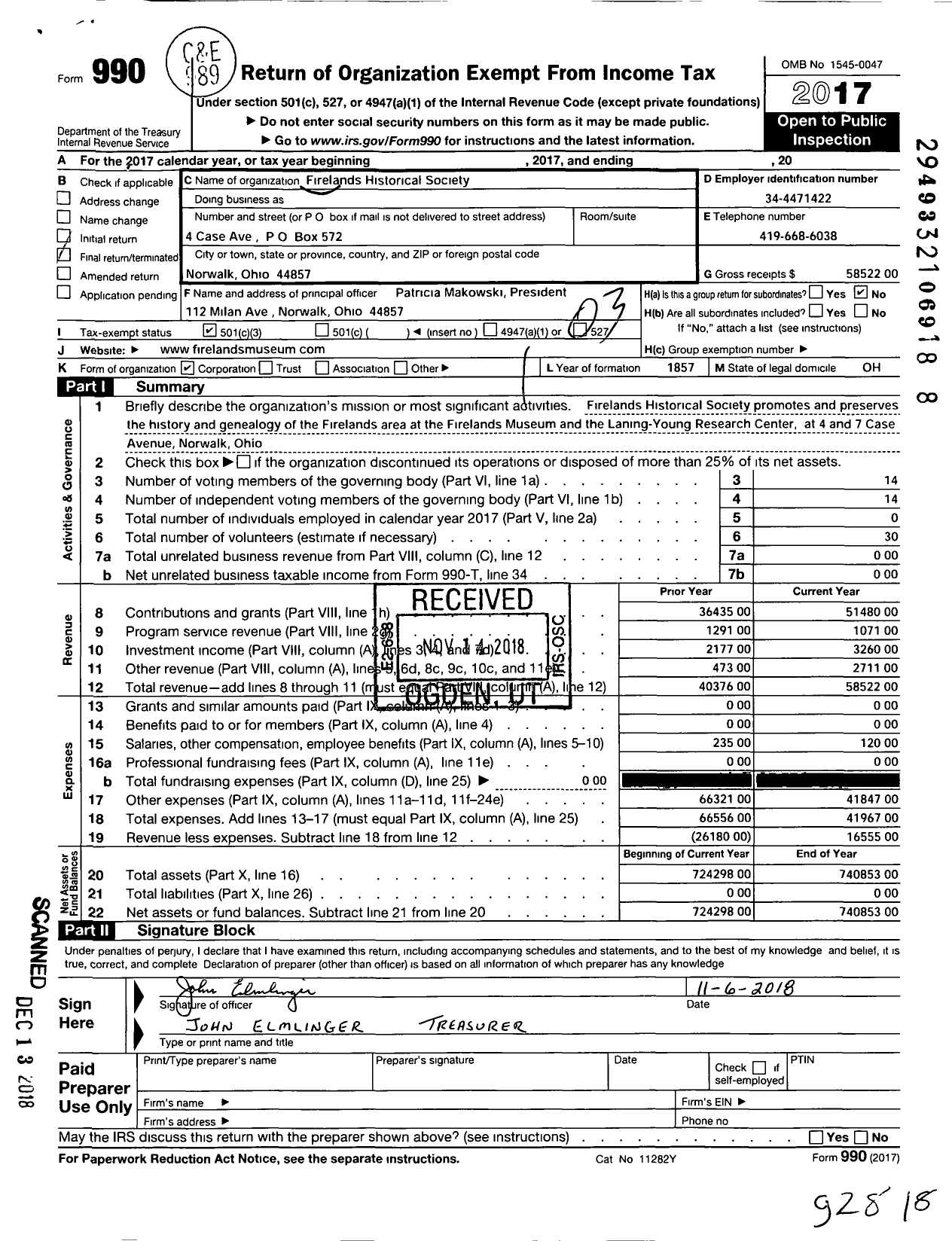 Image of first page of 2017 Form 990 for Firelands Historical Society