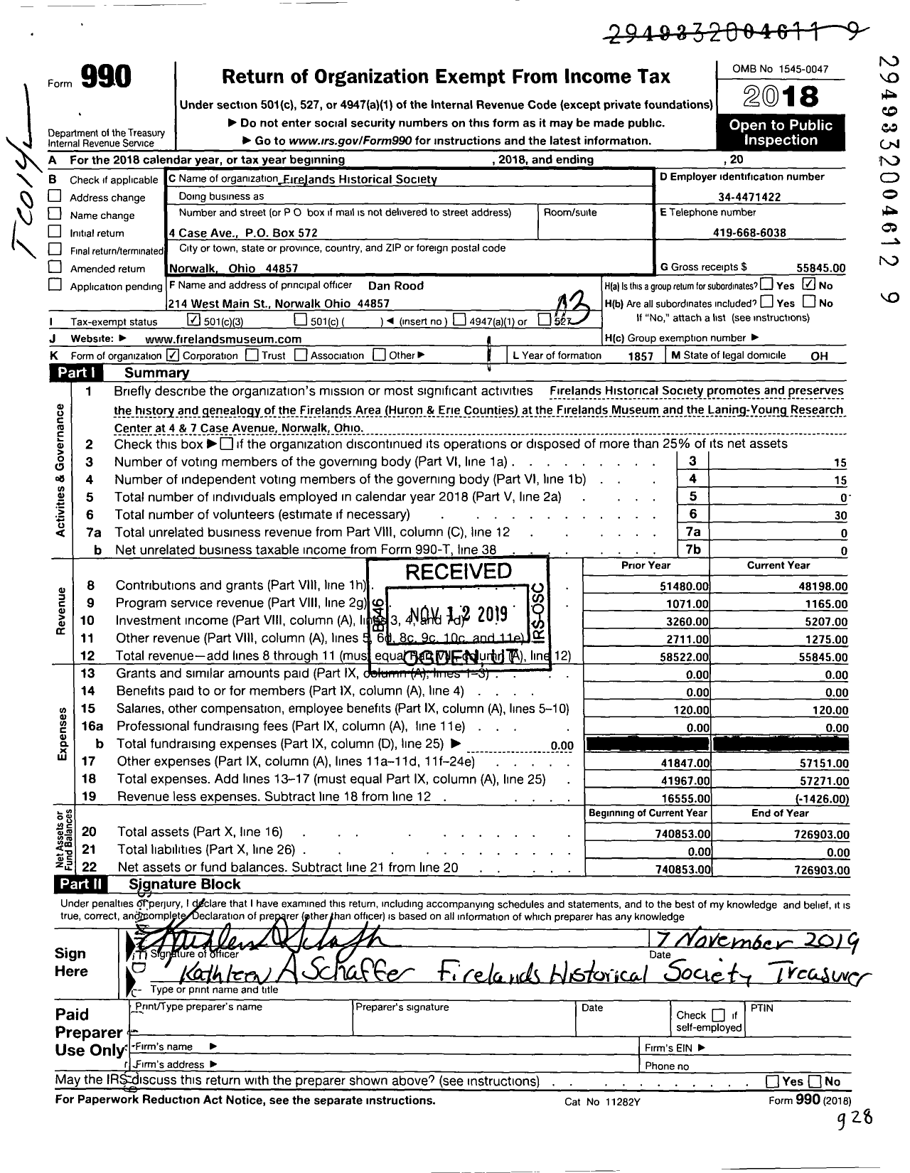 Image of first page of 2018 Form 990 for Firelands Historical Society