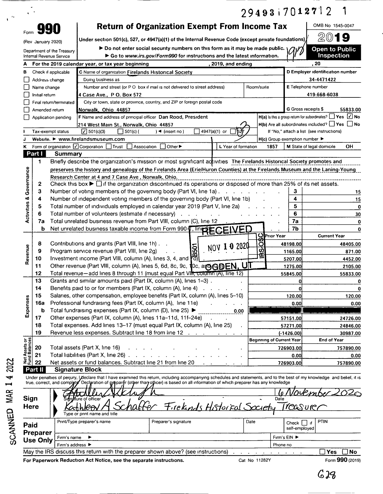 Image of first page of 2019 Form 990 for Firelands Historical Society