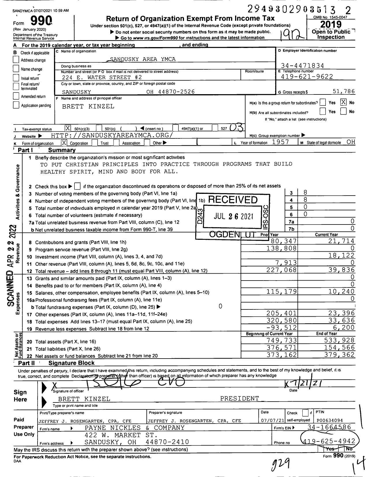Image of first page of 2019 Form 990 for Sandusky Area YMCA