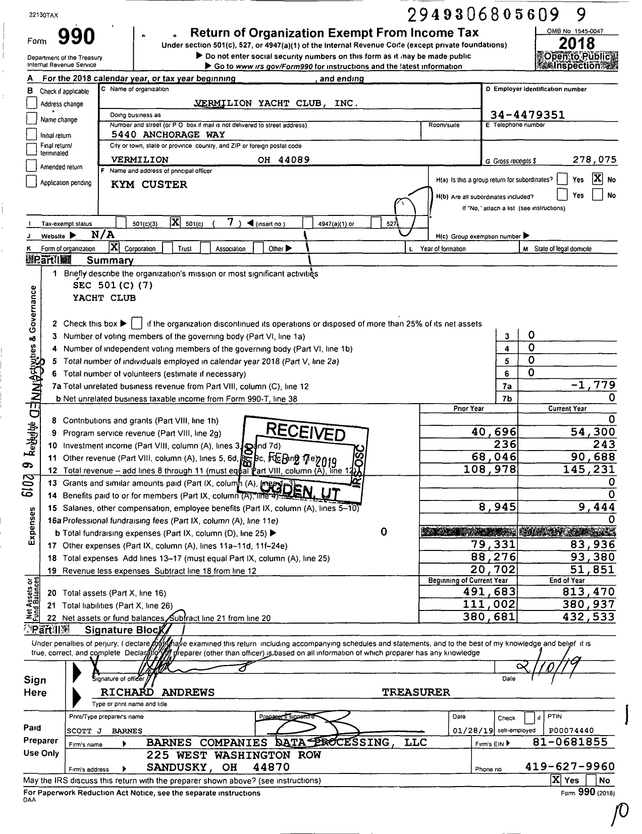 Image of first page of 2018 Form 990O for Vermilion Yacht Club
