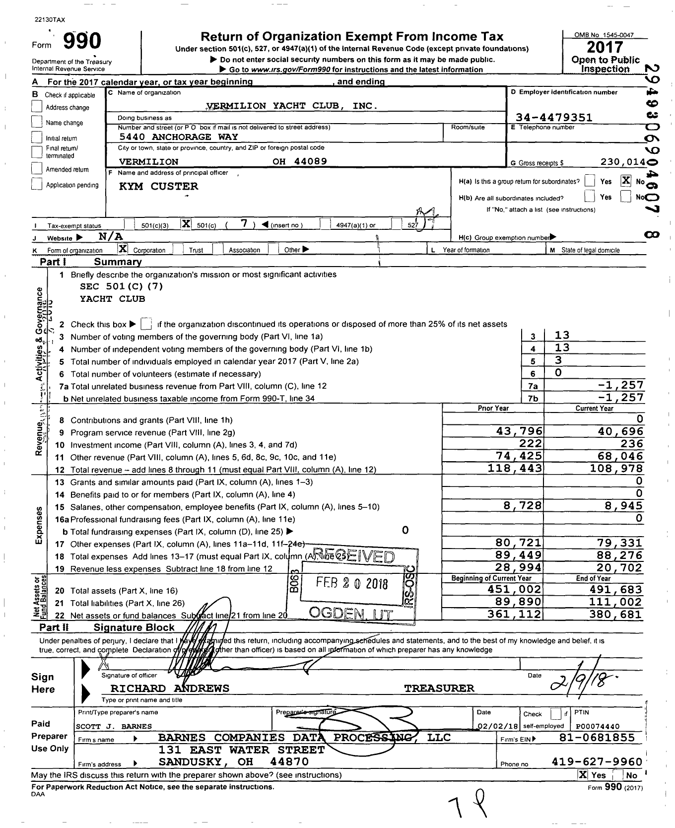 Image of first page of 2017 Form 990O for Vermilion Yacht Club