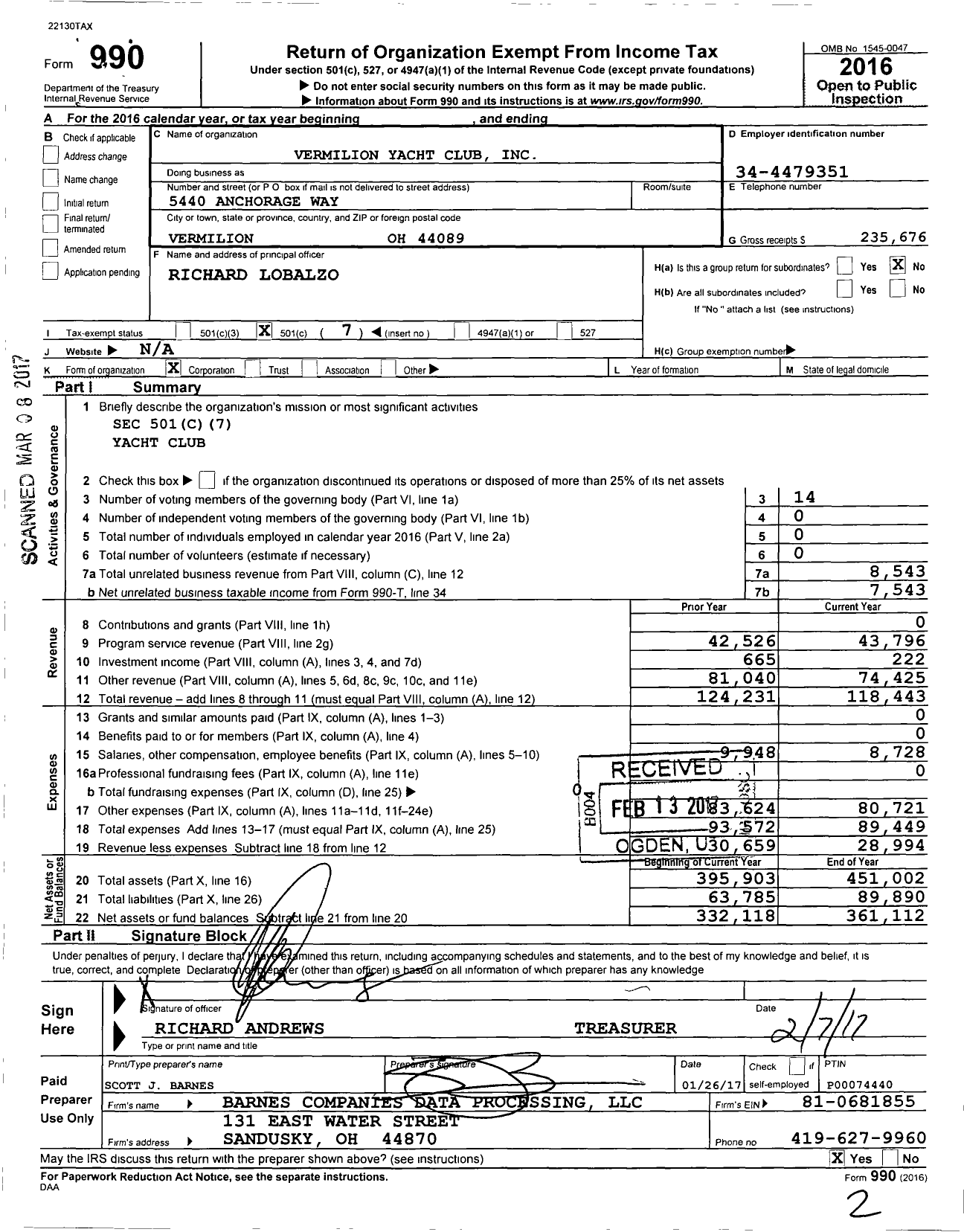 Image of first page of 2016 Form 990O for Vermilion Yacht Club