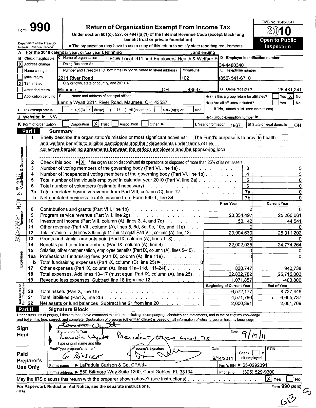 Image of first page of 2010 Form 990O for United Food and Commercial Workers Union Local 911 Health and Welfare