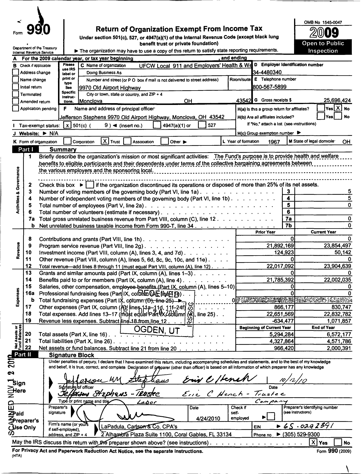 Image of first page of 2009 Form 990O for United Food and Commercial Workers Union Local 911 Health and Welfare