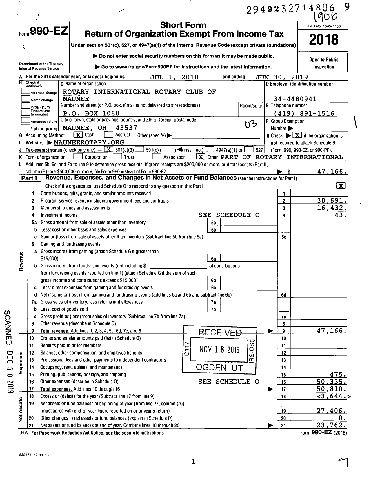 Image of first page of 2018 Form 990EZ for Rotary International - Maumee Rotary Club