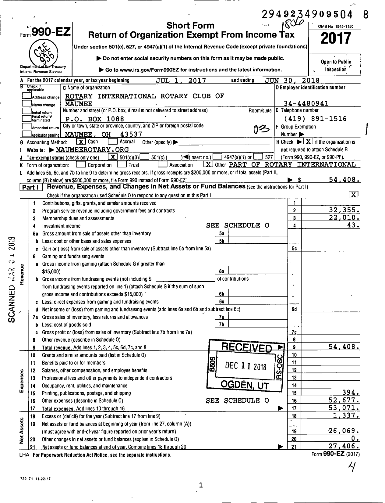 Image of first page of 2017 Form 990EZ for Rotary International - Maumee Rotary Club