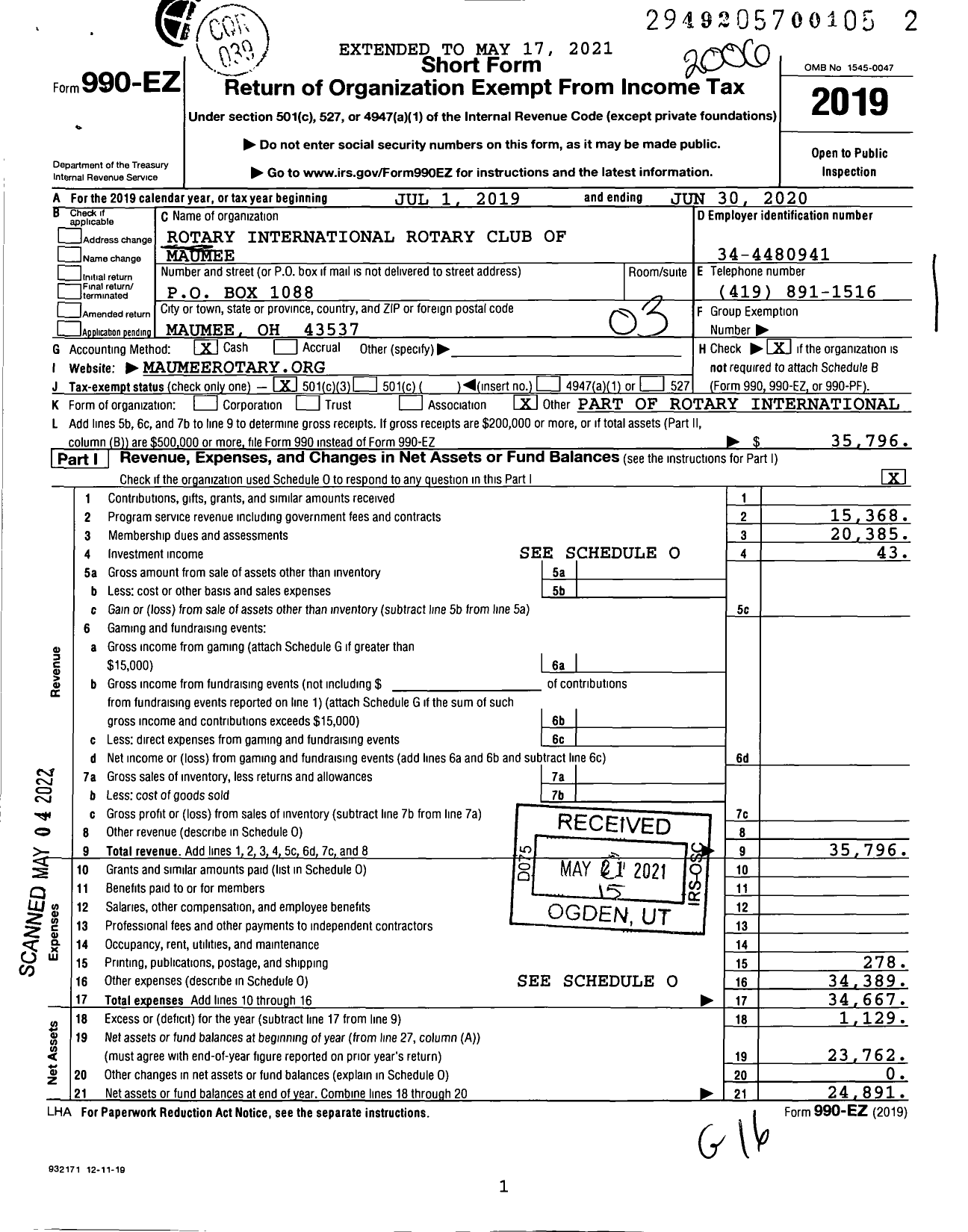 Image of first page of 2019 Form 990EZ for Rotary International - Maumee Rotary Club