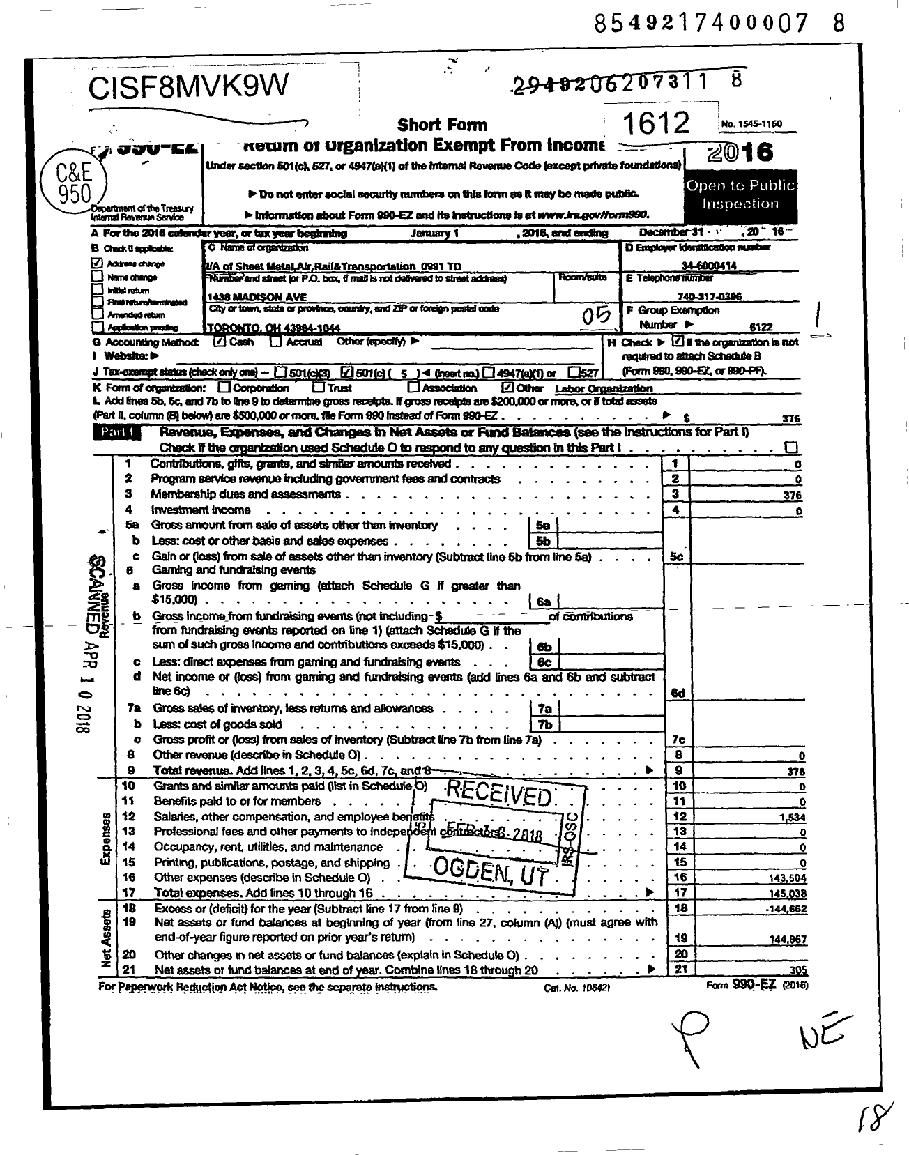 Image of first page of 2016 Form 990EO for International Association of Sheet Metal Air Rail and Transportation