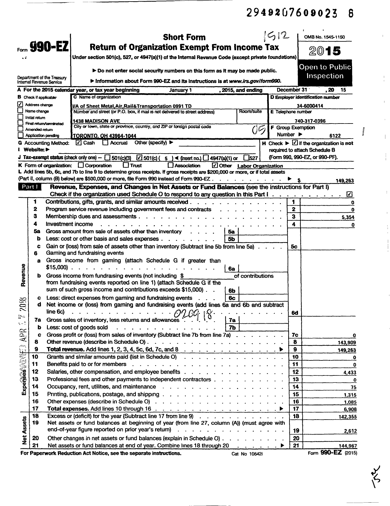 Image of first page of 2015 Form 990EO for International Association of Sheet Metal Air Rail and Transportation