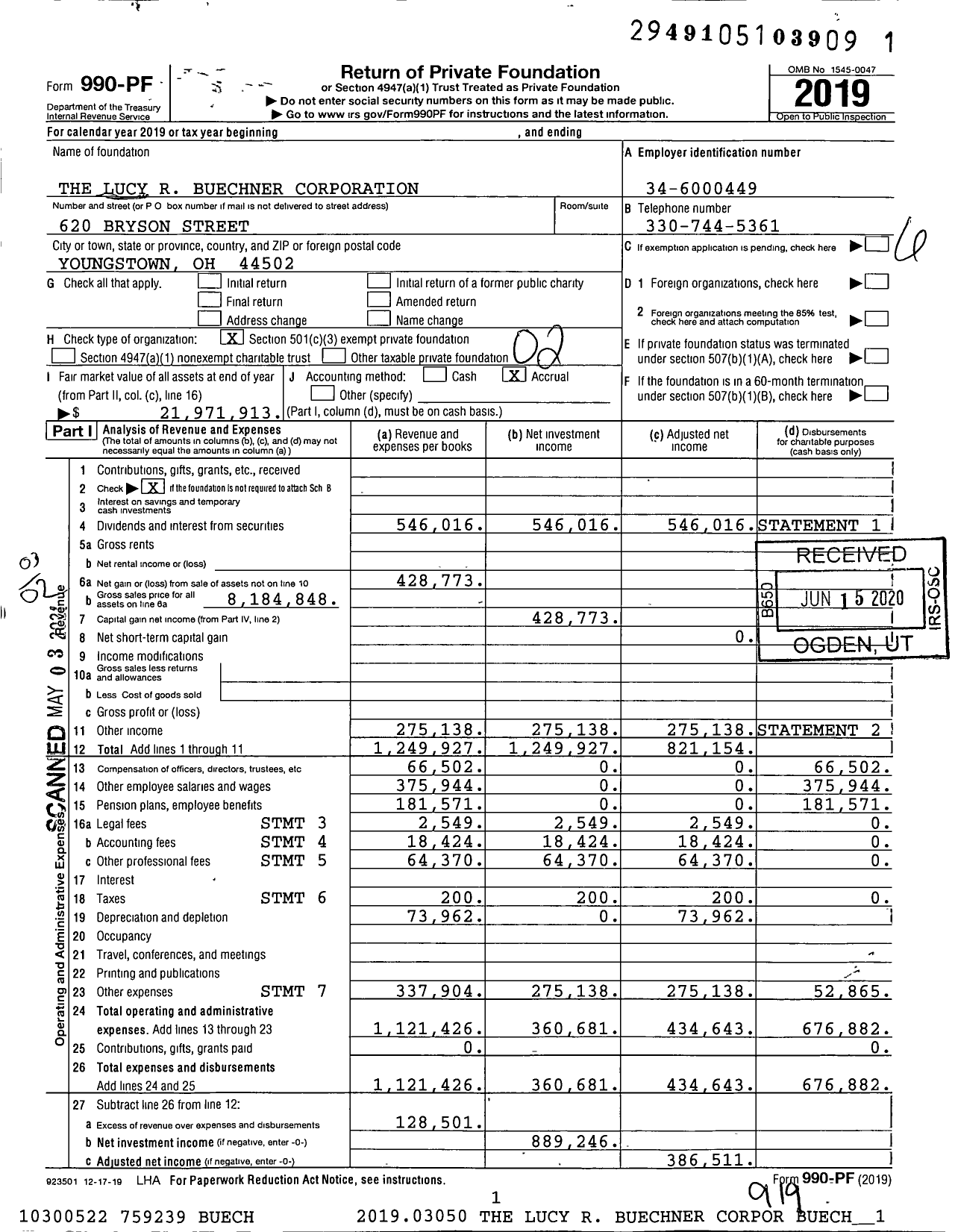 Image of first page of 2019 Form 990PF for The Lucy R Buechner Corporation