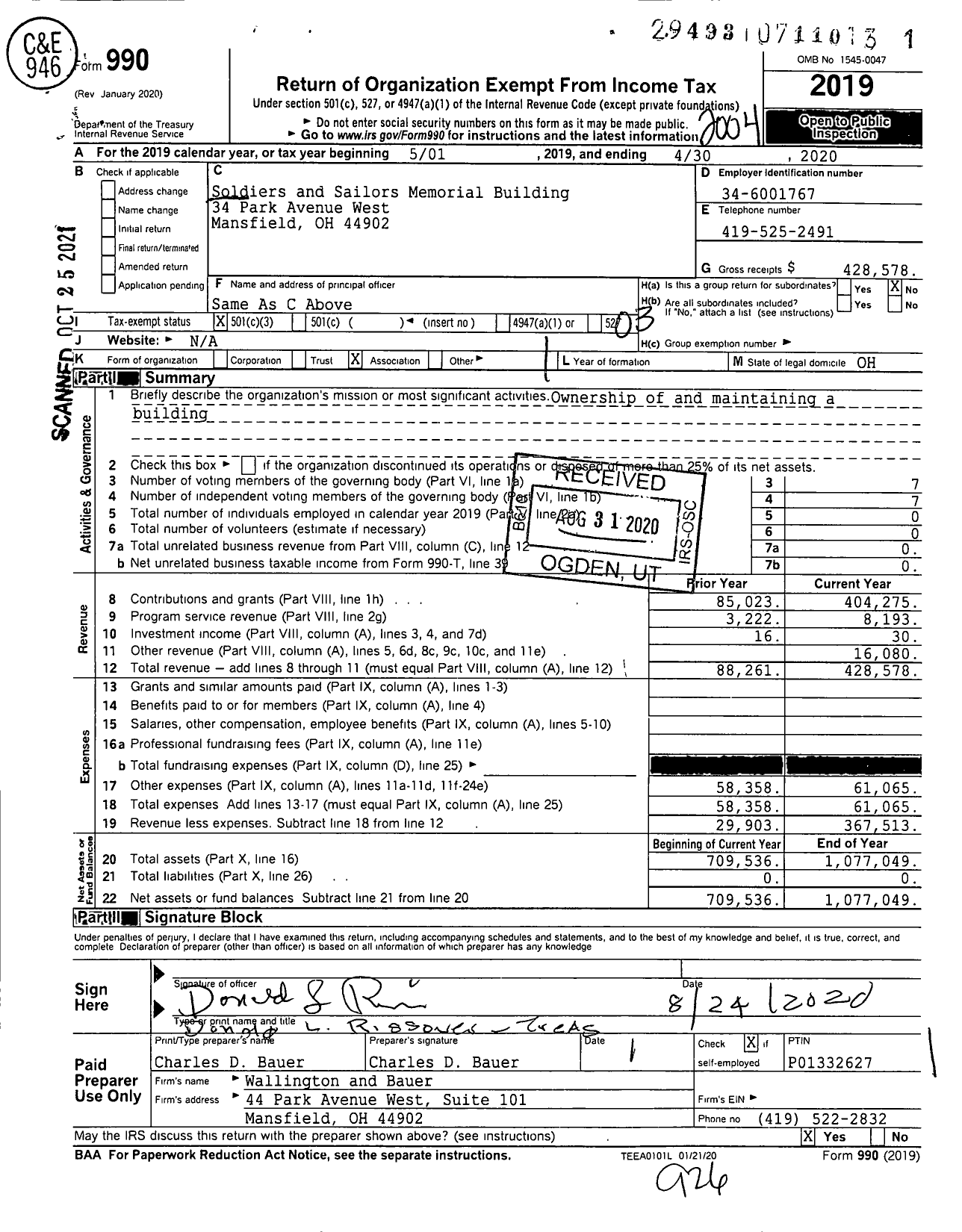 Image of first page of 2019 Form 990 for Soldiers and Sailors Memorial Building