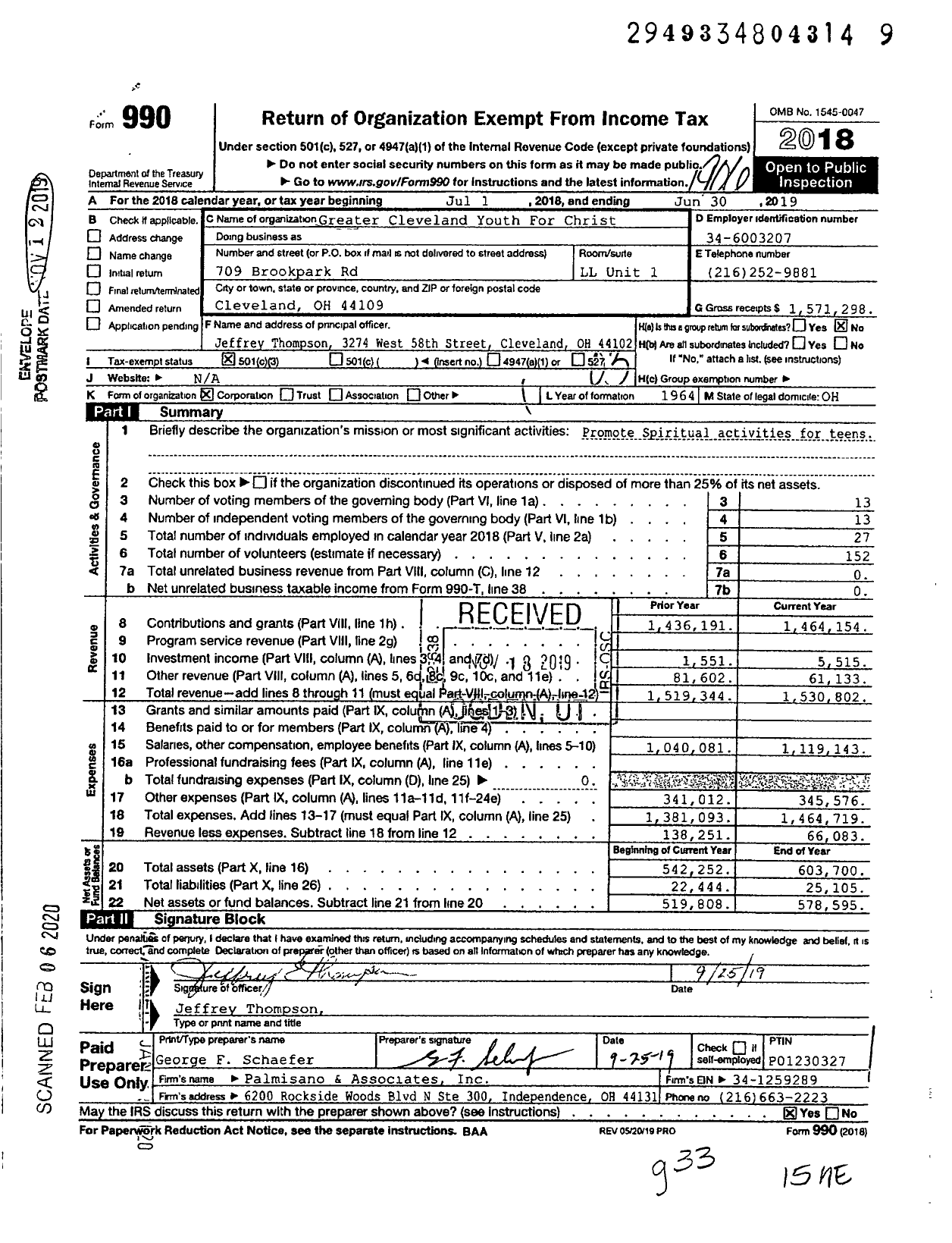 Image of first page of 2018 Form 990 for Youth For Christ - Greater Cleveland Area