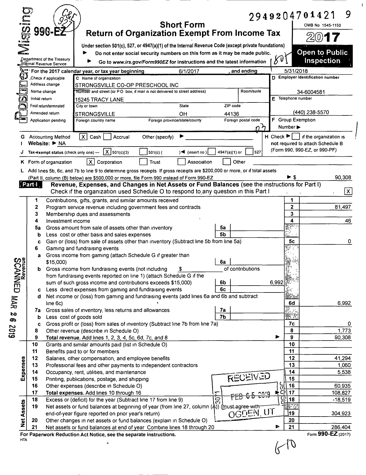 Image of first page of 2017 Form 990EZ for Strongsville Co-Op Preschool