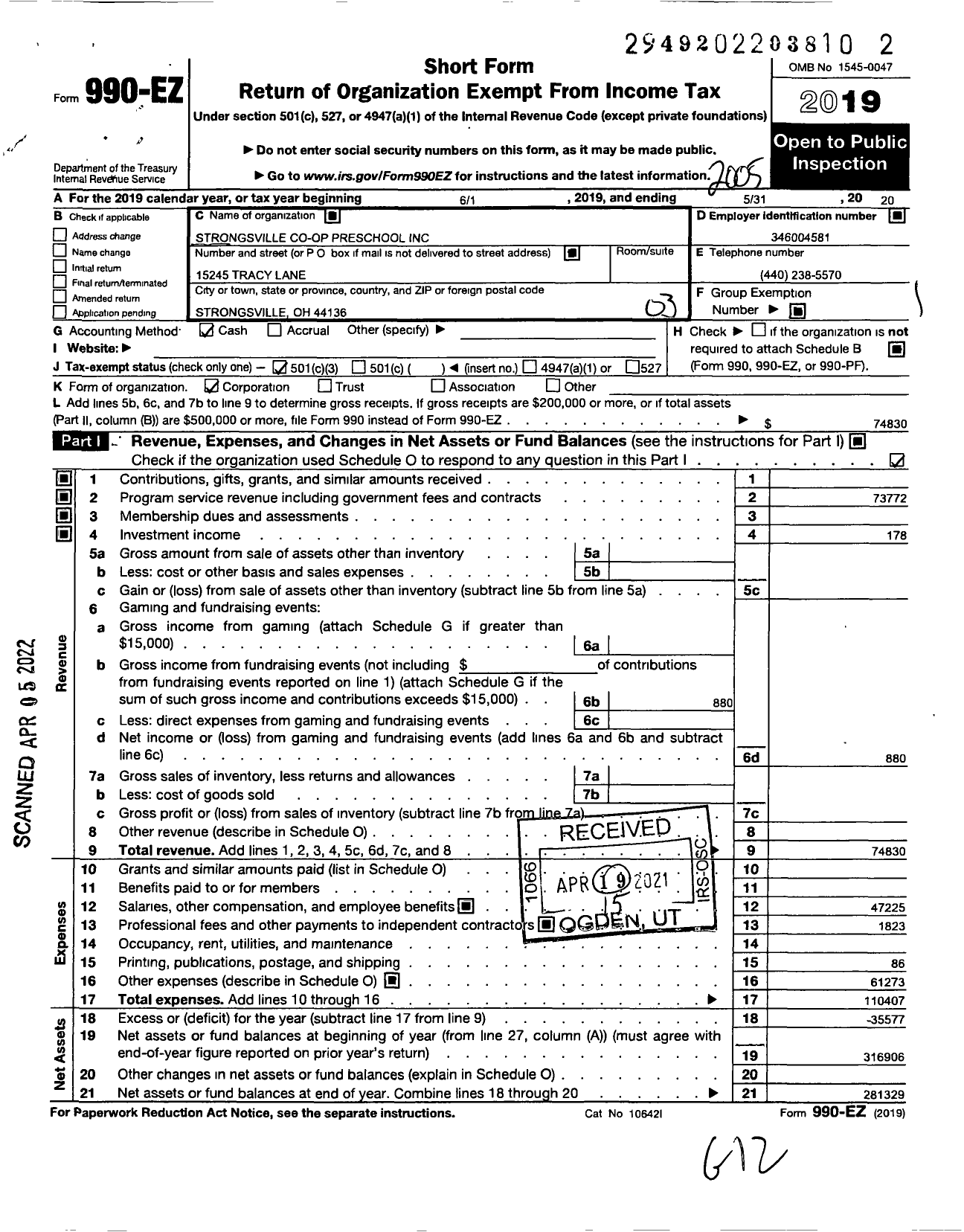 Image of first page of 2019 Form 990EZ for Strongsville Co-Op Preschool